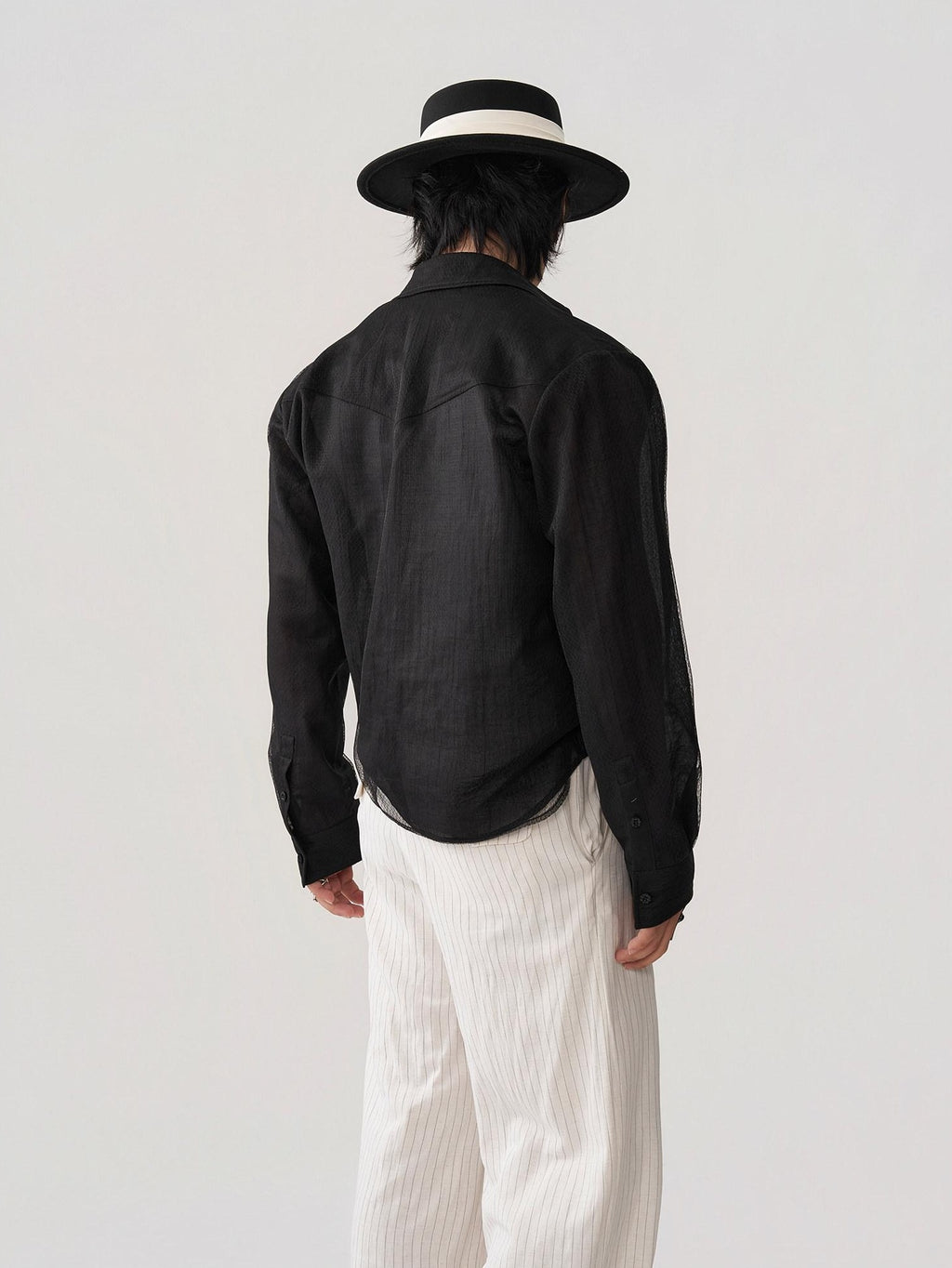 BALITONE Breathable Asymmetric Spliced Loose Unisex Button Collar Black Long Sleeve Shirts