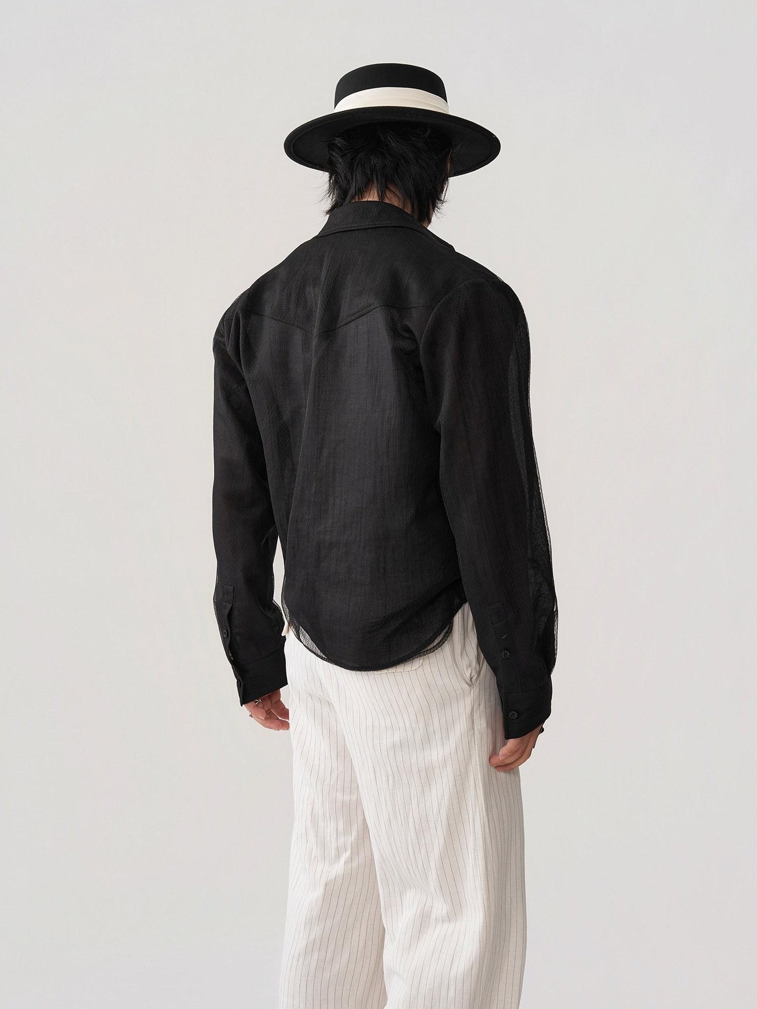 BALITONE Breathable Asymmetric Spliced Loose Unisex Button Collar Black Long Sleeve Shirts