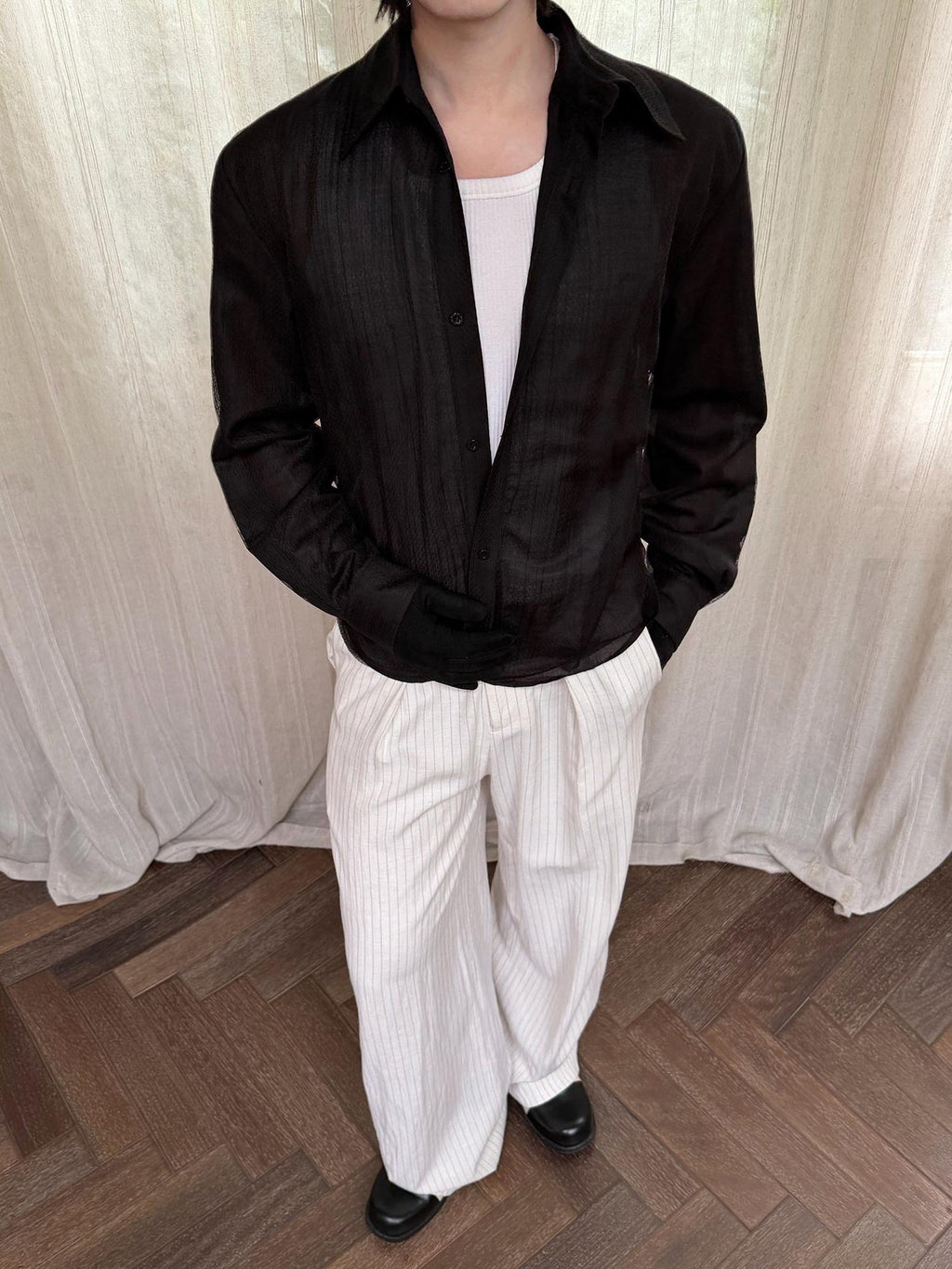 BALITONE Breathable Asymmetric Spliced Loose Unisex Button Collar Black Long Sleeve Shirts