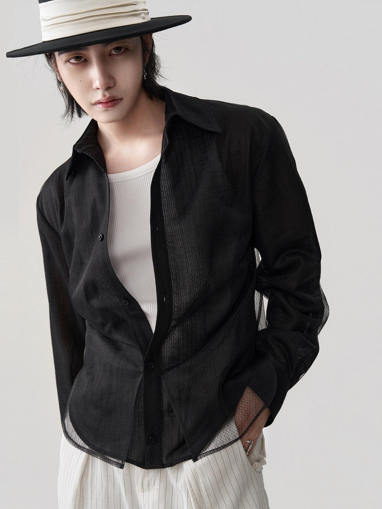 BALITONE Breathable Asymmetric Spliced Loose Unisex Button Collar Black Long Sleeve Shirts