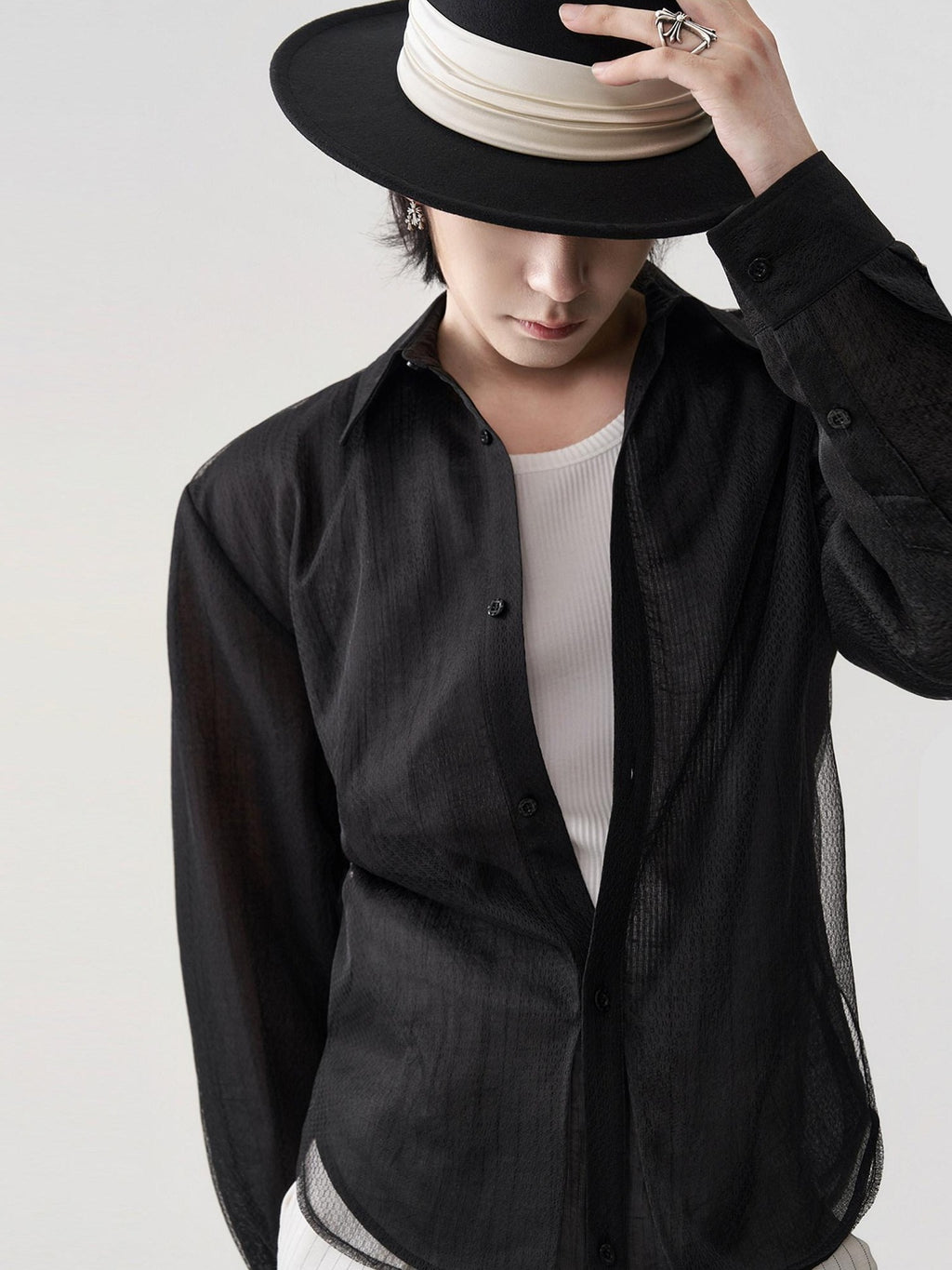 BALITONE Breathable Asymmetric Spliced Loose Unisex Button Collar Black Long Sleeve Shirts