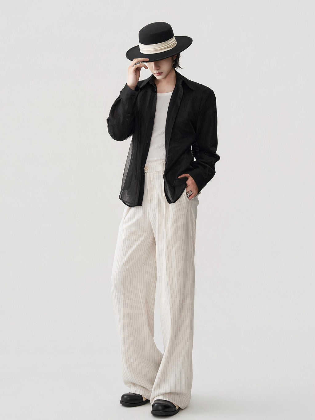 BALITONE Breathable Asymmetric Spliced Loose Unisex Button Collar Black Long Sleeve Shirts