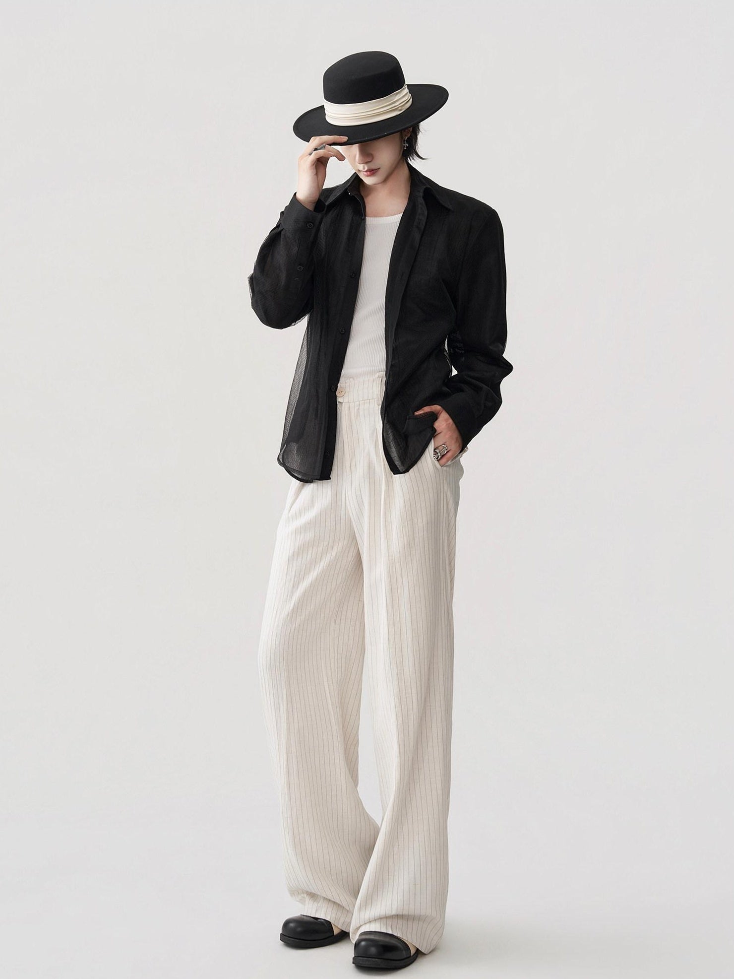 BALITONE Breathable Asymmetric Spliced Loose Unisex Button Collar Black Long Sleeve Shirts