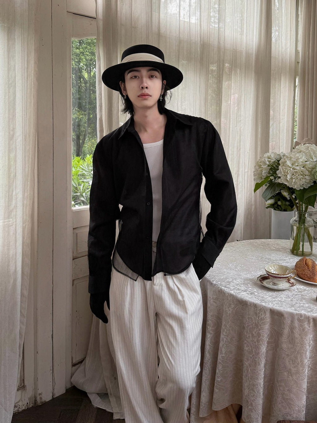 BALITONE Breathable Asymmetric Spliced Loose Unisex Button Collar Black Long Sleeve Shirts