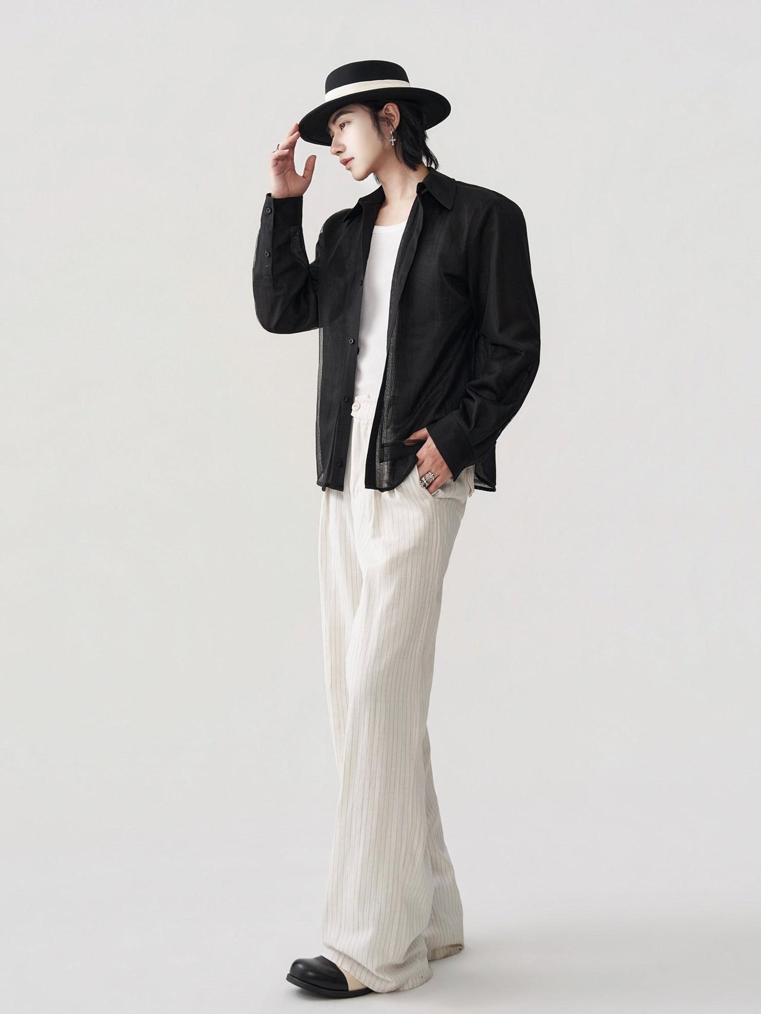 BALITONE Breathable Asymmetric Spliced Loose Unisex Button Collar Black Long Sleeve Shirts