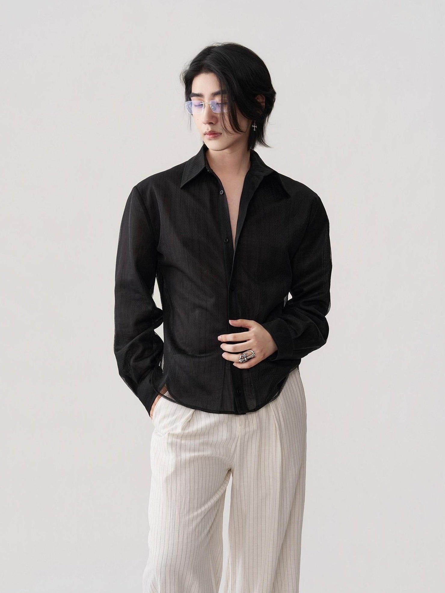 BALITONE Breathable Asymmetric Spliced Loose Unisex Button Collar Black Long Sleeve Shirts