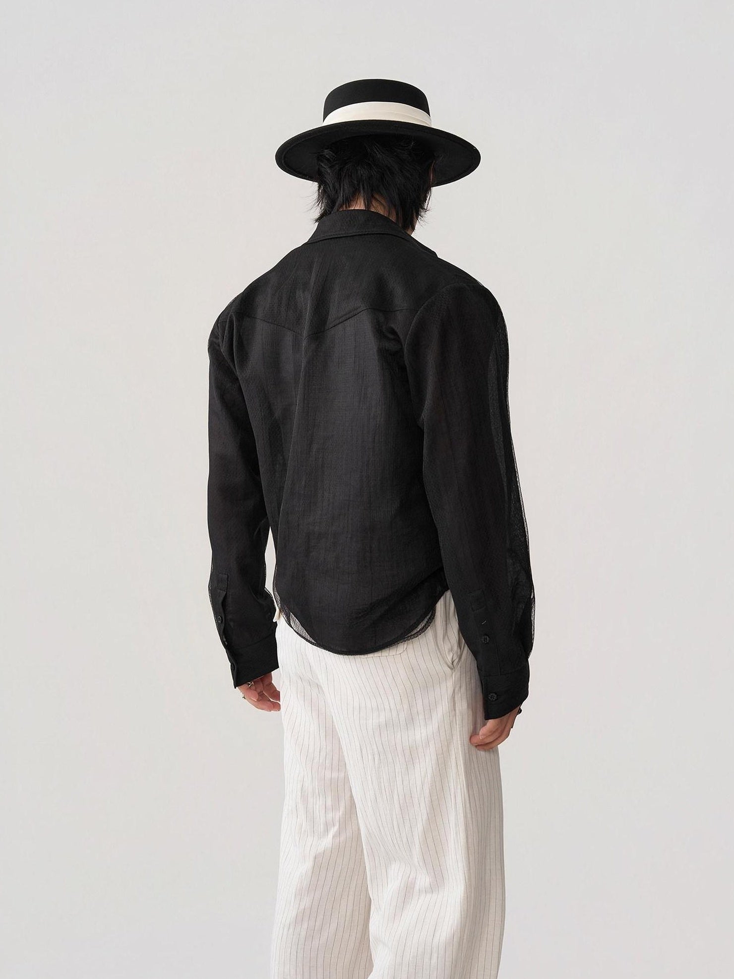 BALITONE Breathable Asymmetric Spliced Loose Unisex Button Collar Black Long Sleeve Shirts