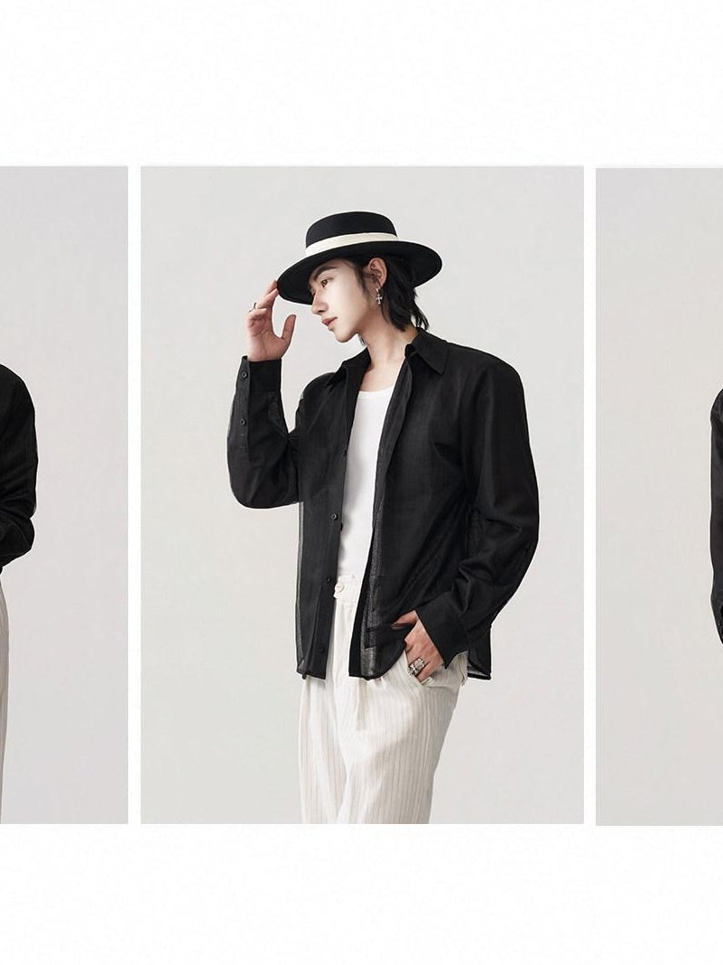 BALITONE Breathable Asymmetric Spliced Loose Unisex Button Collar Black Long Sleeve Shirts