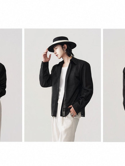 BALITONE Breathable Asymmetric Spliced Loose Unisex Button Collar Black Long Sleeve Shirts
