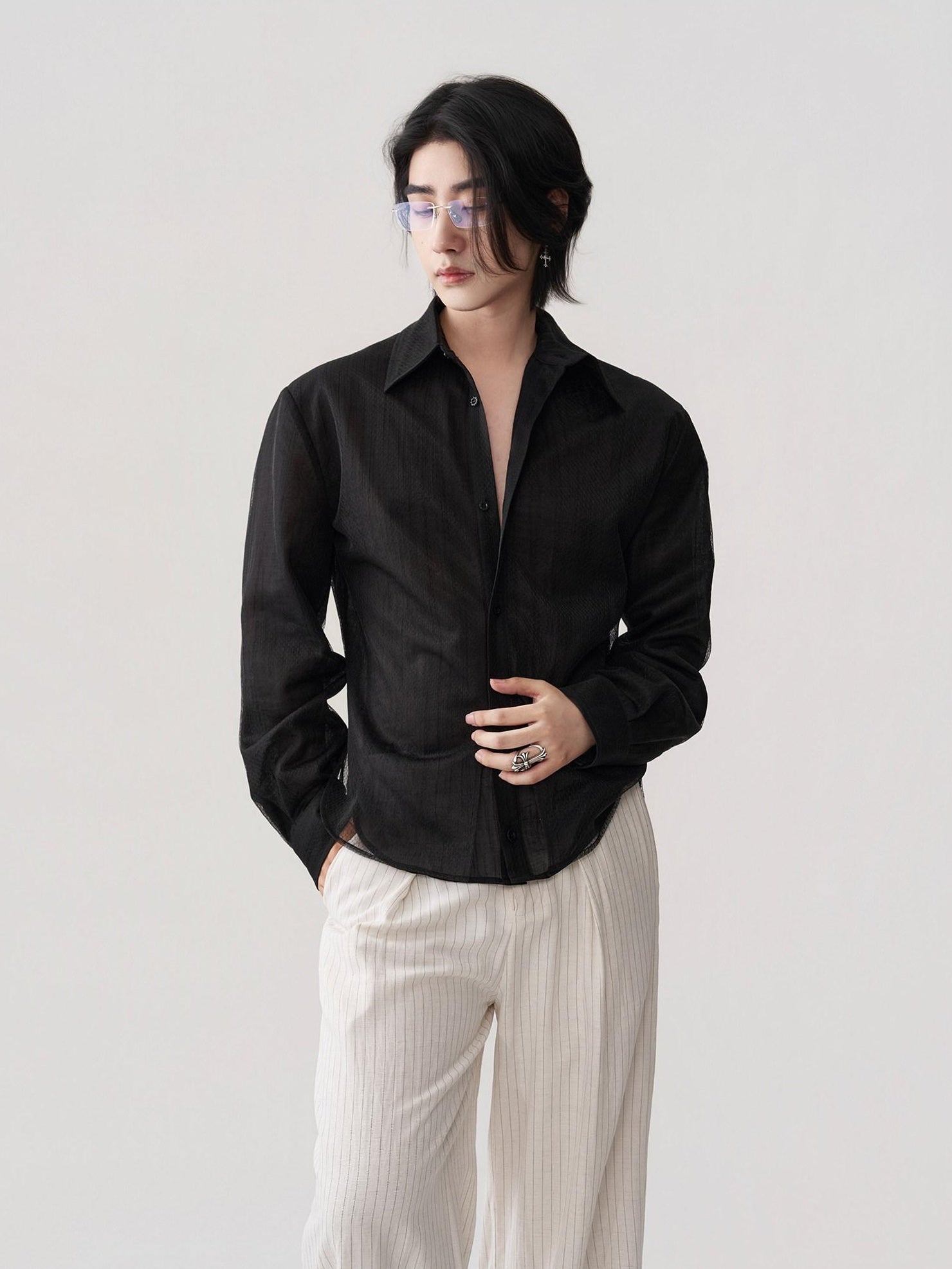 BALITONE Breathable Asymmetric Spliced Loose Unisex Button Collar Black Long Sleeve Shirts