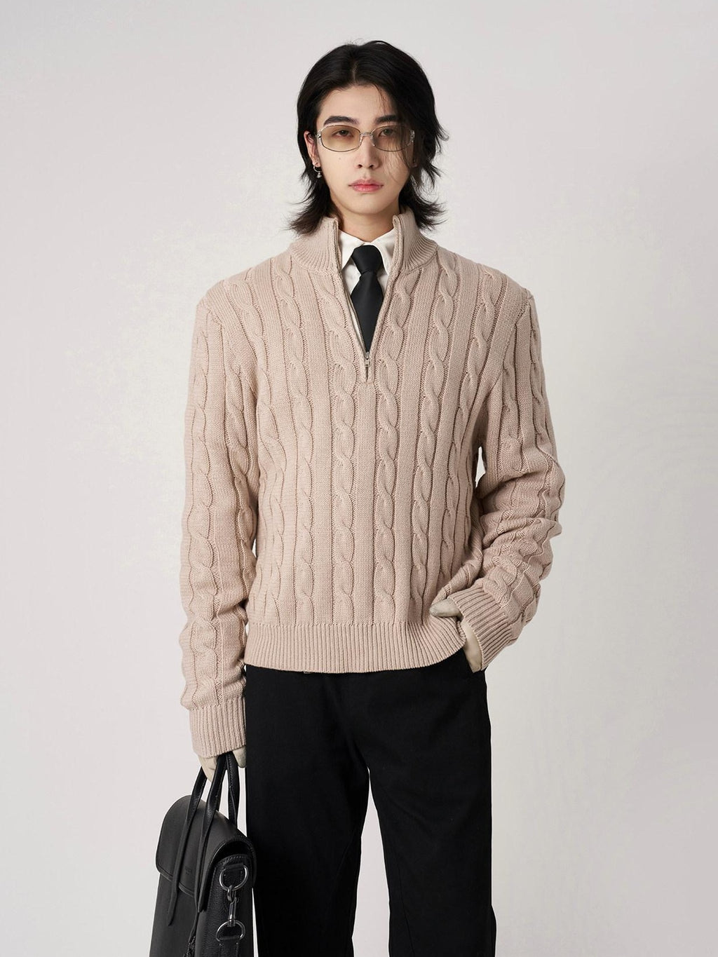 BALITONE Breathable Cotton Blend Casual Zip Detail Unisex Stand Collar Half-Zip Knitwear