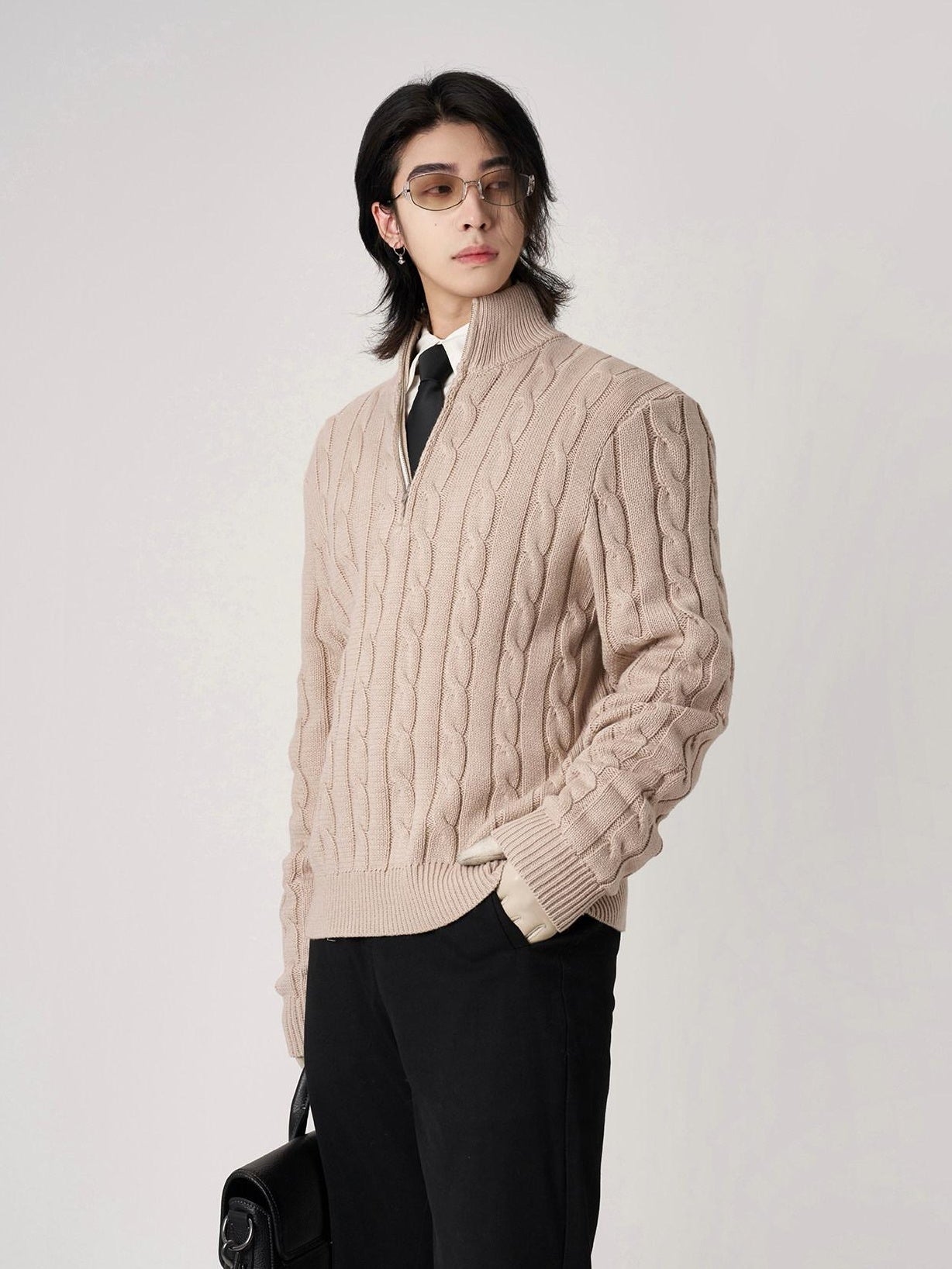 BALITONE Breathable Cotton Blend Casual Zip Detail Unisex Stand Collar Half-Zip Knitwear