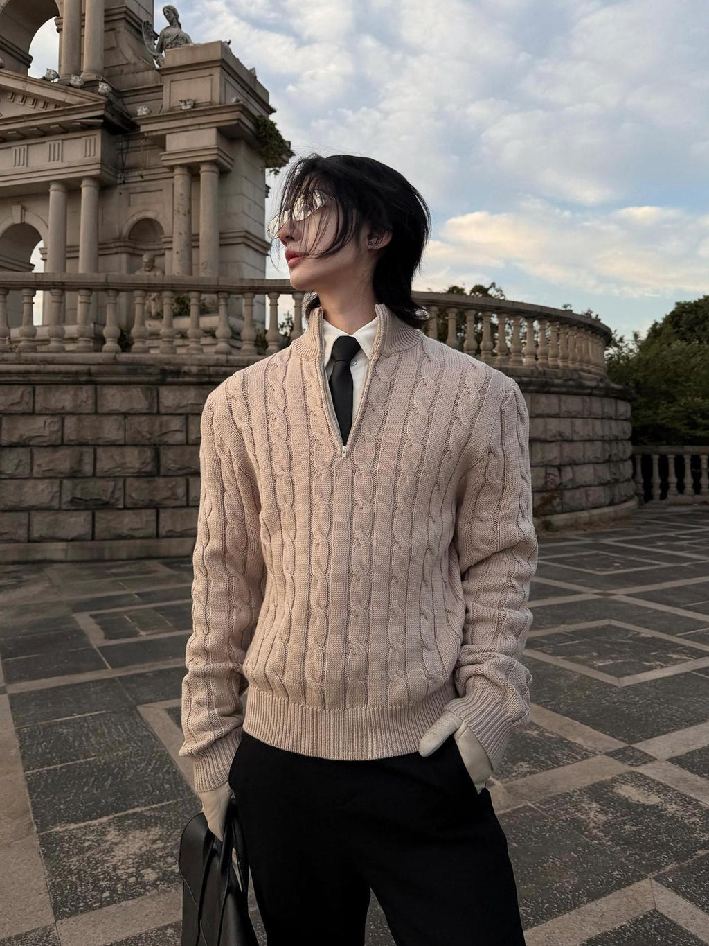 BALITONE Breathable Cotton Blend Casual Zip Detail Unisex Stand Collar Half-Zip Knitwear