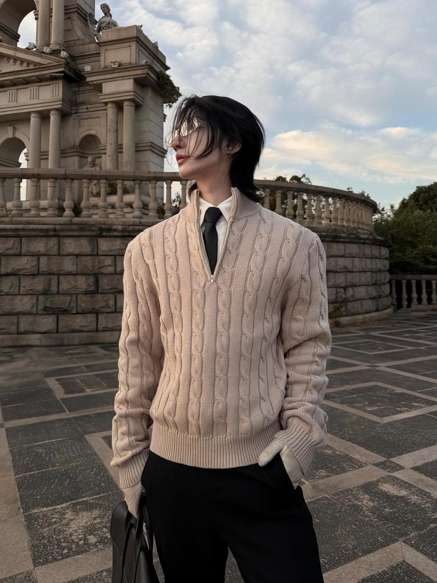 BALITONE Breathable Cotton Blend Casual Zip Detail Unisex Stand Collar Half-Zip Knitwear