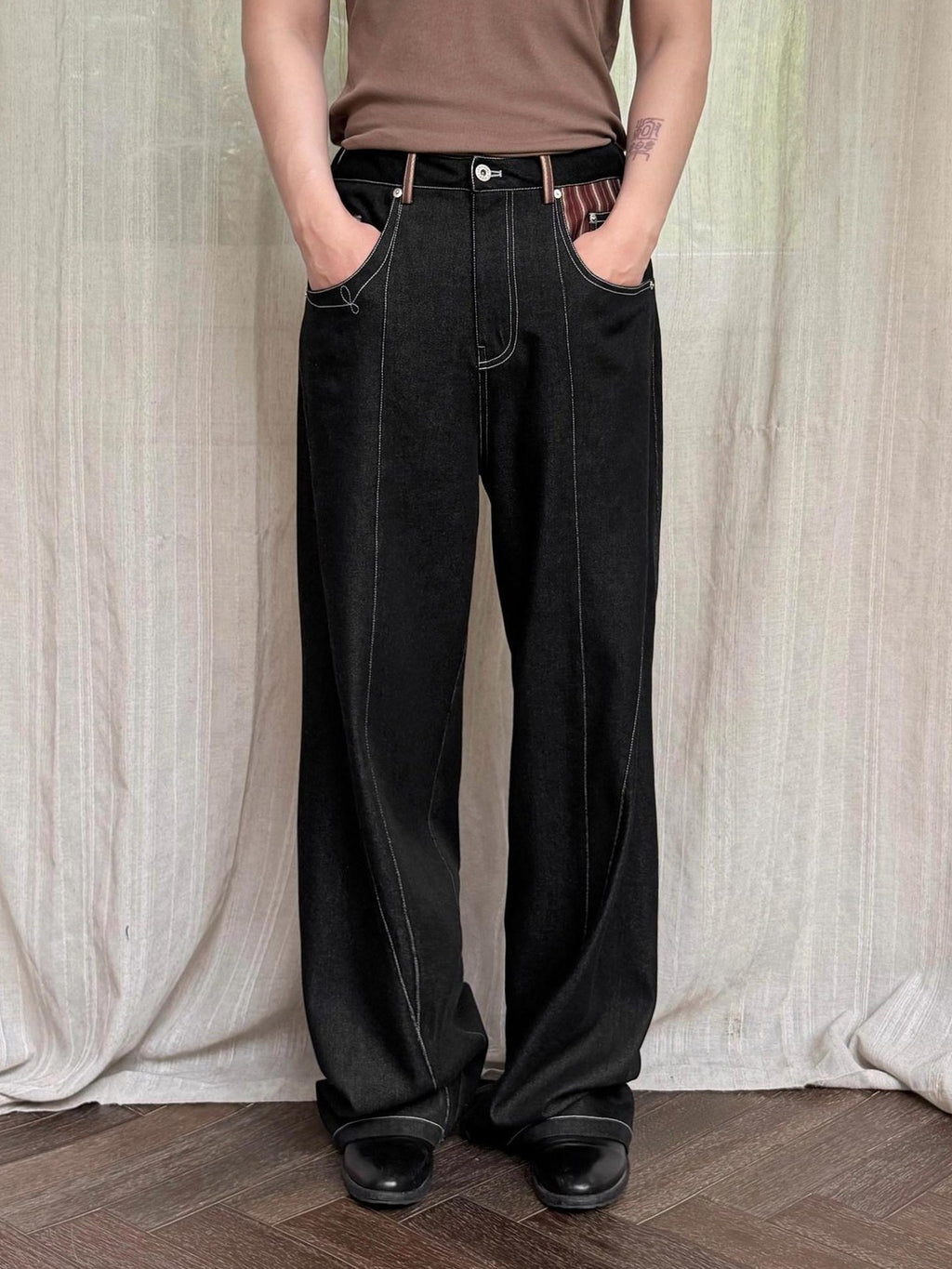 BALITONE Breathable Cotton Blend Mid Rise Patch Pocket Cleanfit Black Wide-Leg Jeans