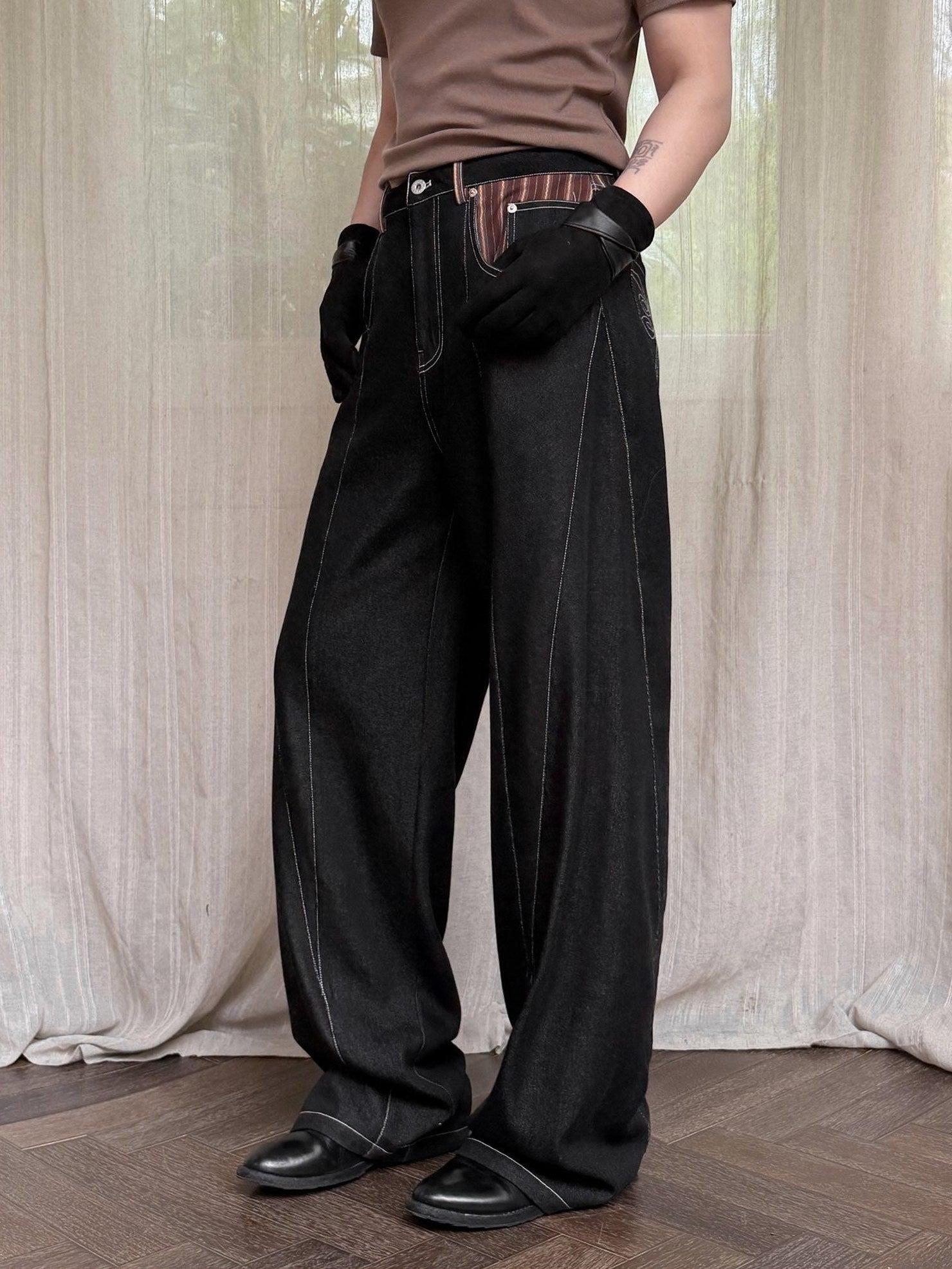 BALITONE Breathable Cotton Blend Mid Rise Patch Pocket Cleanfit Black Wide-Leg Jeans
