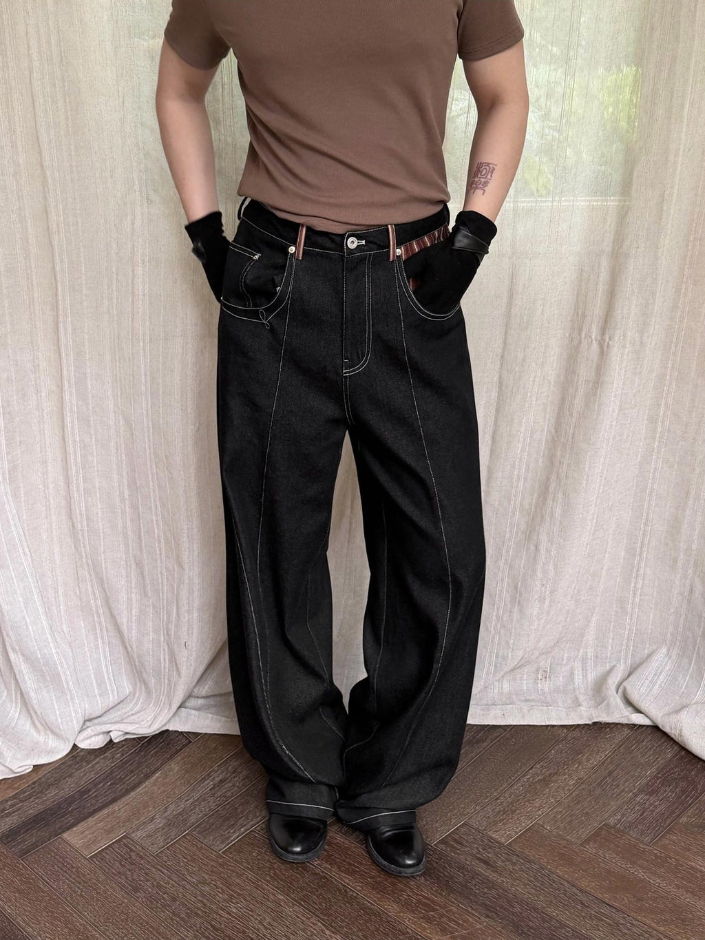 BALITONE Breathable Cotton Blend Mid Rise Patch Pocket Cleanfit Black Wide-Leg Jeans