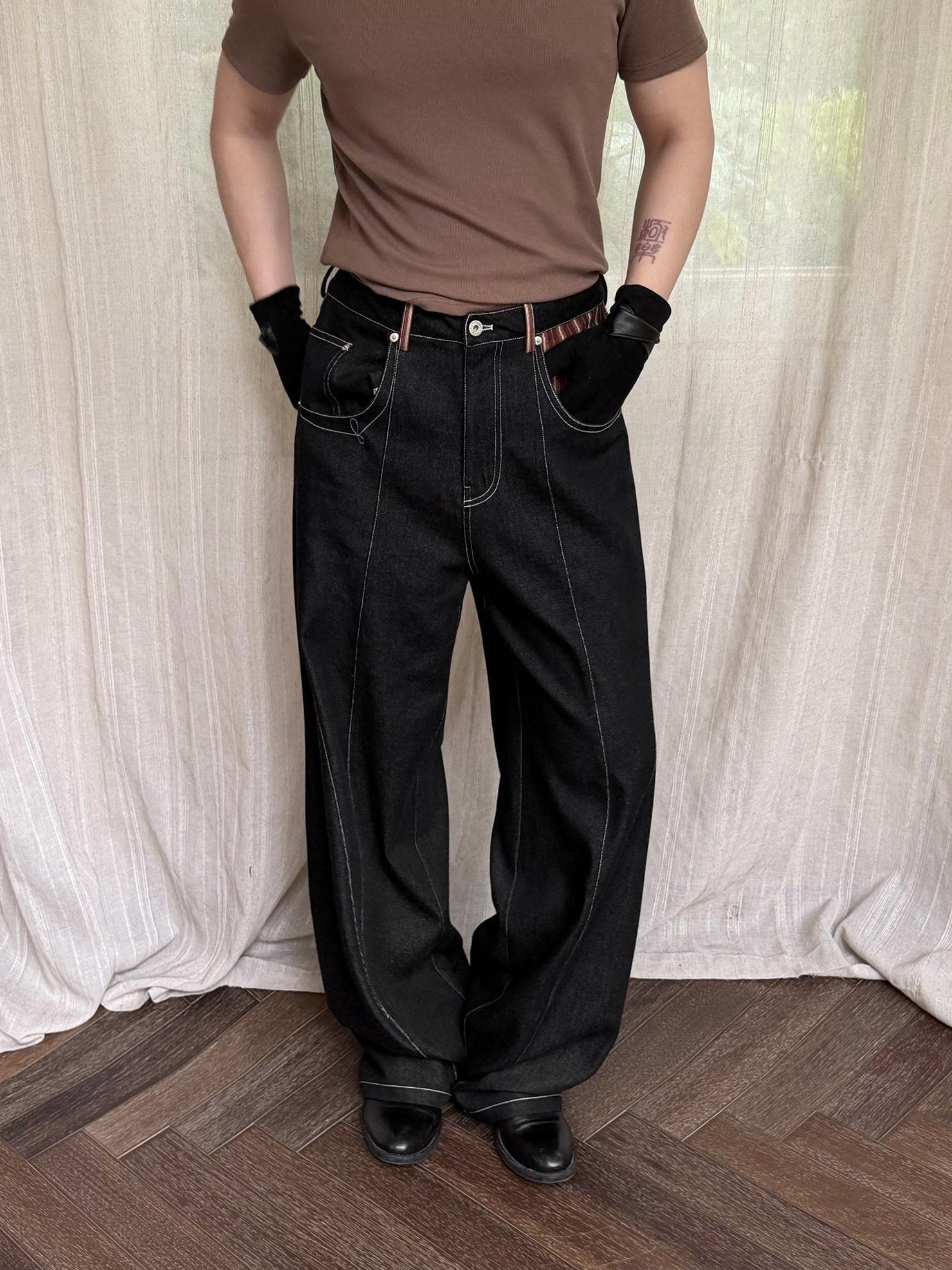 BALITONE Breathable Cotton Blend Mid Rise Patch Pocket Cleanfit Black Wide-Leg Jeans