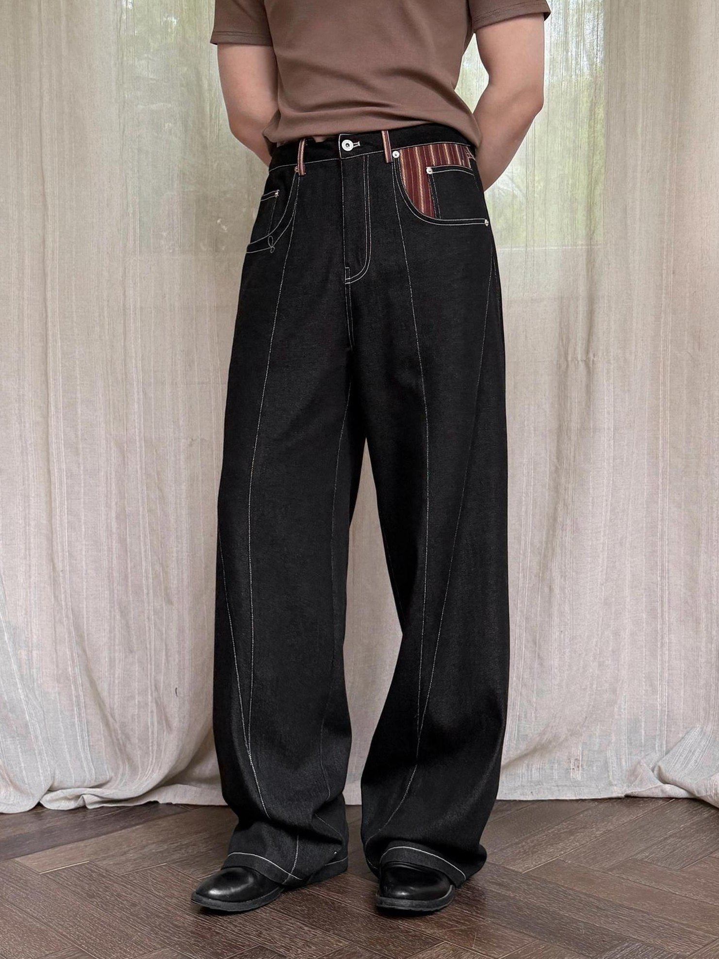 BALITONE Breathable Cotton Blend Mid Rise Patch Pocket Cleanfit Black Wide-Leg Jeans