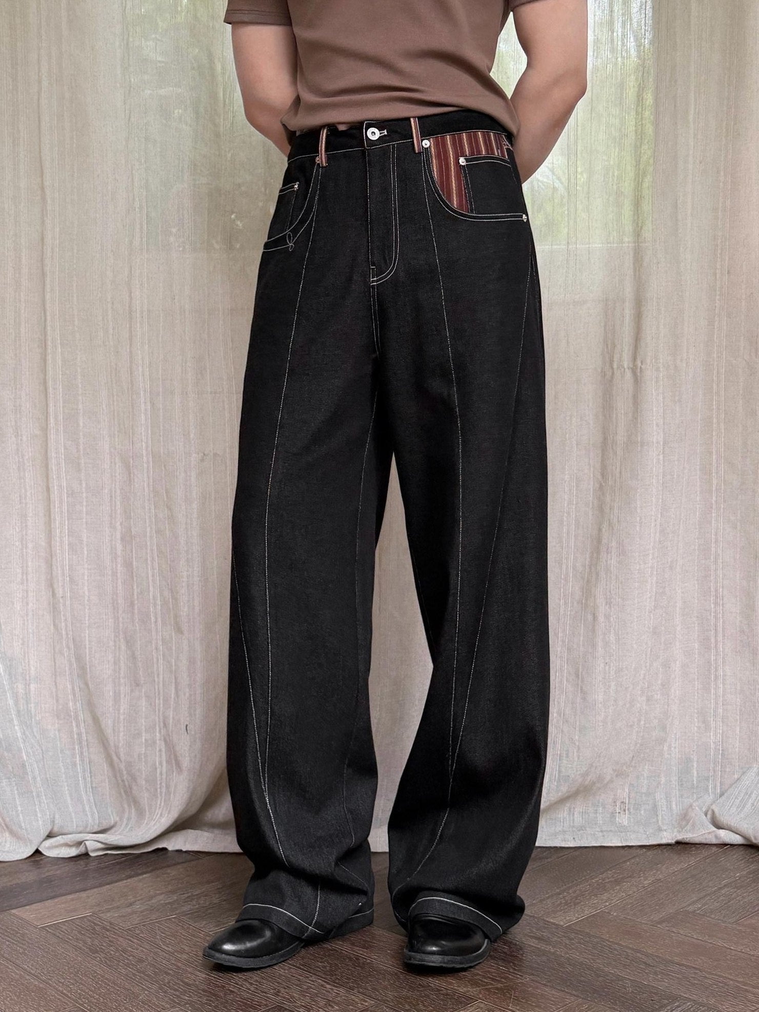 BALITONE Breathable Cotton Blend Mid Rise Patch Pocket Cleanfit Black Wide-Leg Jeans