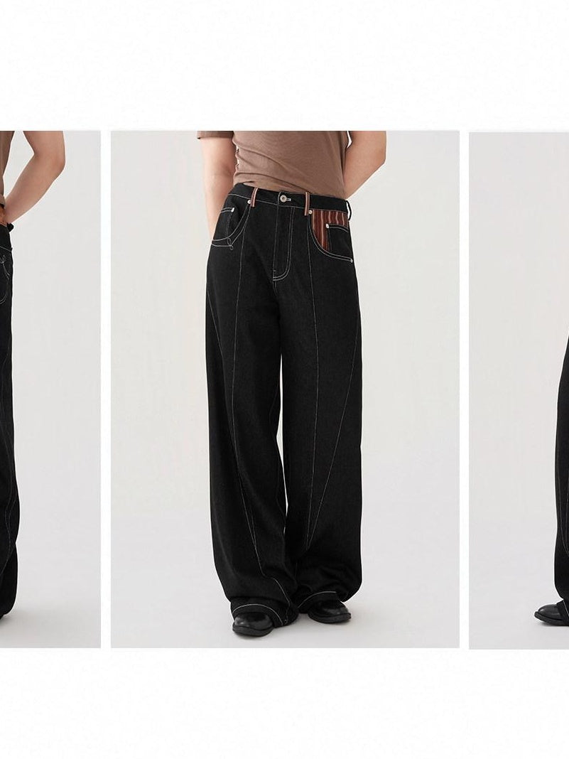 BALITONE Breathable Cotton Blend Mid Rise Patch Pocket Cleanfit Black Wide-Leg Jeans