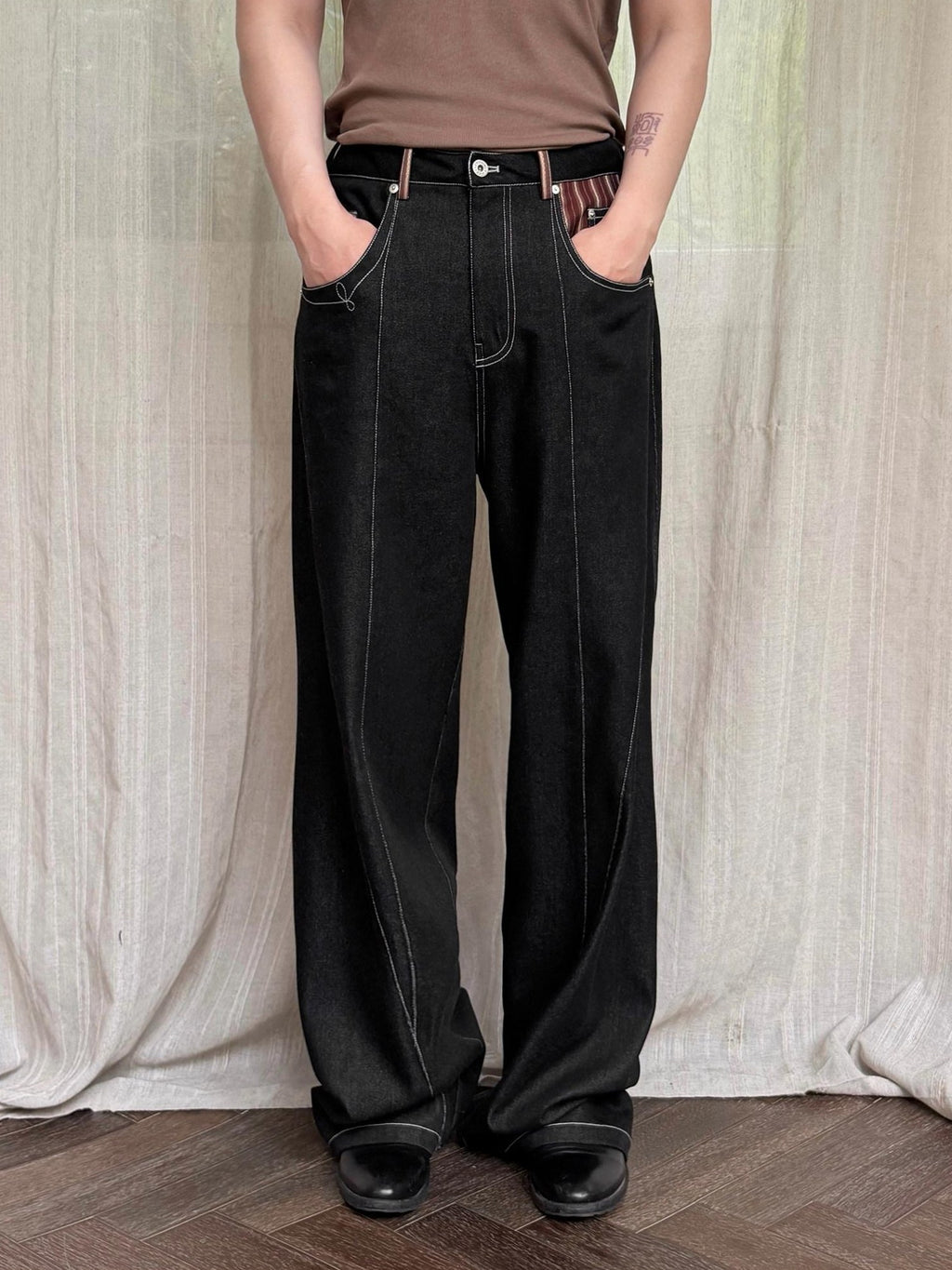 BALITONE Breathable Cotton Blend Mid Rise Patch Pocket Cleanfit Black Wide-Leg Jeans