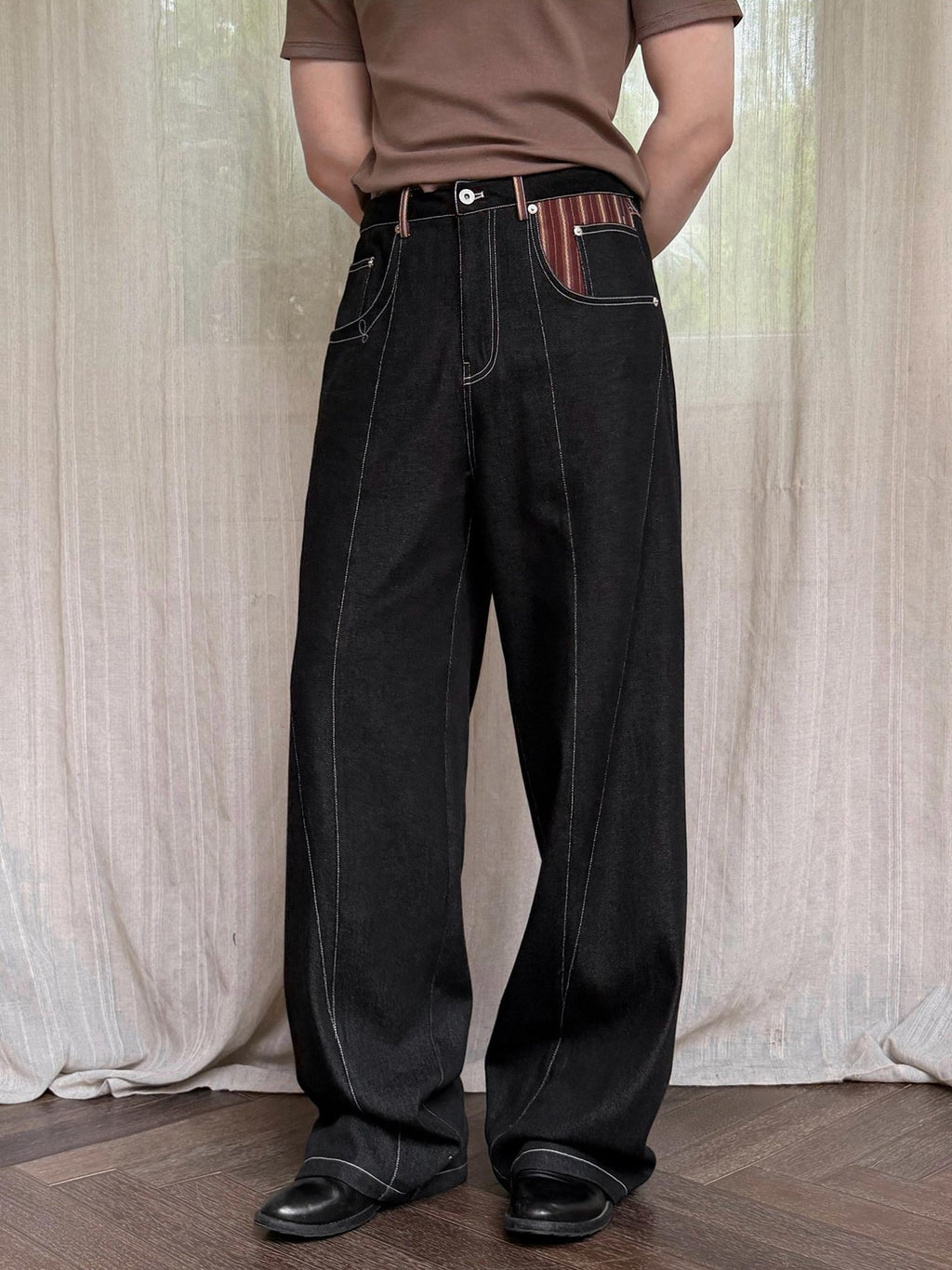 BALITONE Breathable Cotton Blend Mid Rise Patch Pocket Cleanfit Black Wide-Leg Jeans