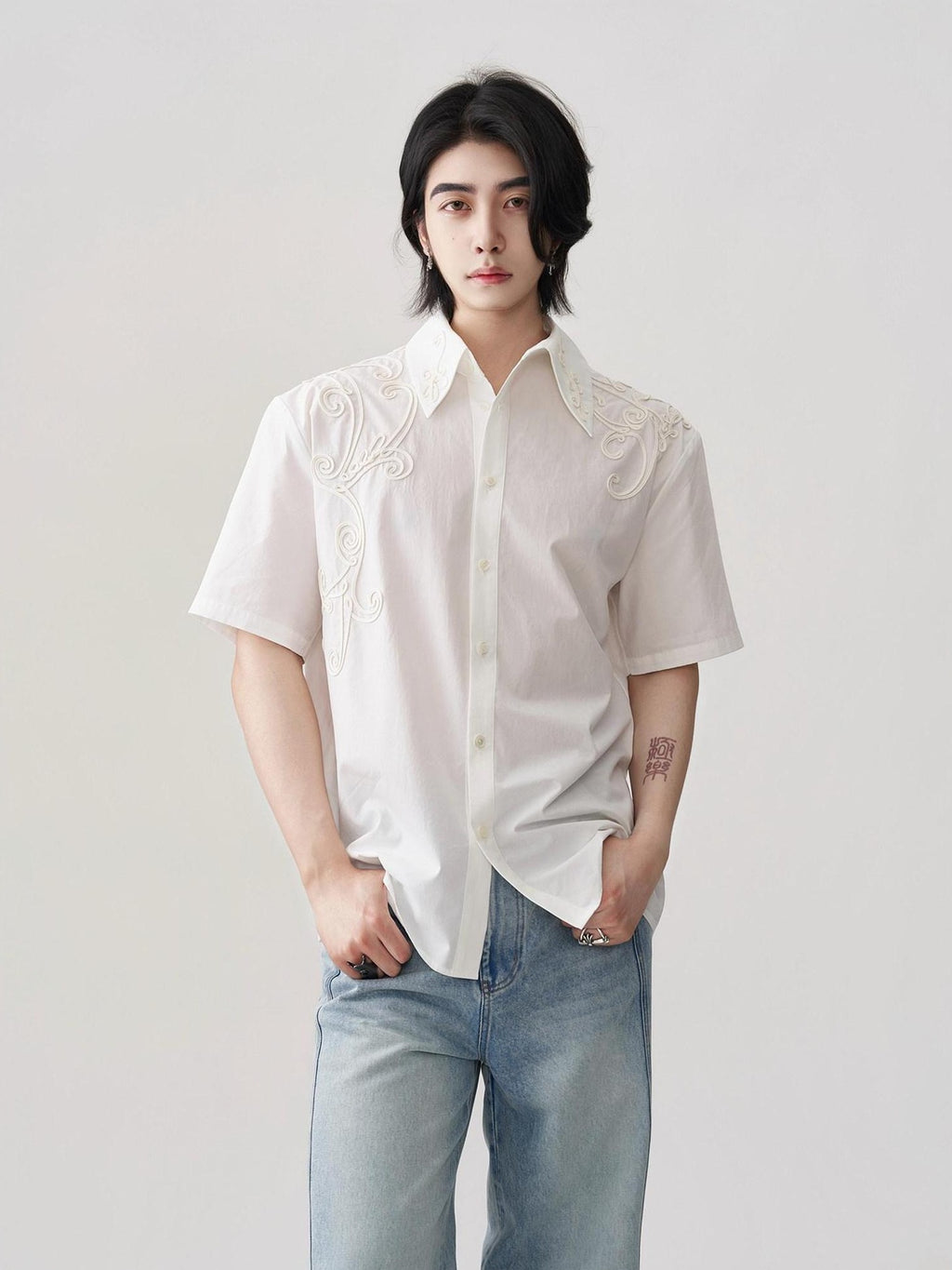 BALITONE Breathable Cotton Embroidered French Loose Men Moon White Short Sleeve Shirts