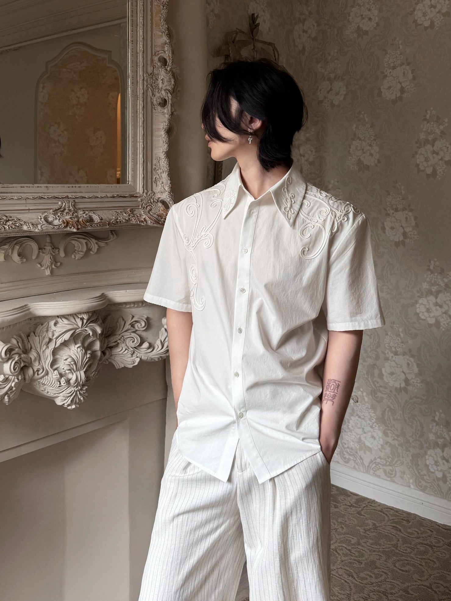 BALITONE Breathable Cotton Embroidered French Loose Men Moon White Short Sleeve Shirts