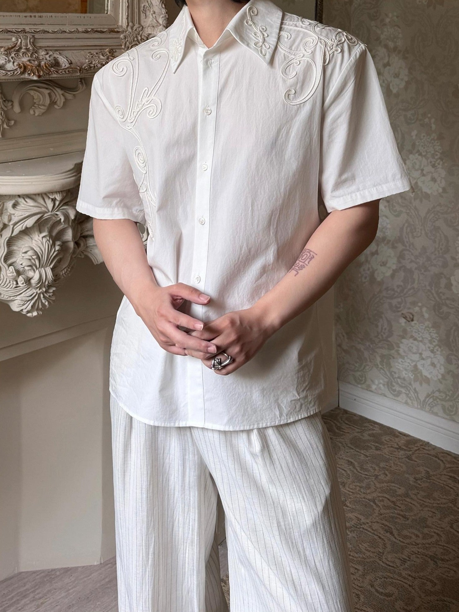 BALITONE Breathable Cotton Embroidered French Loose Men Moon White Short Sleeve Shirts