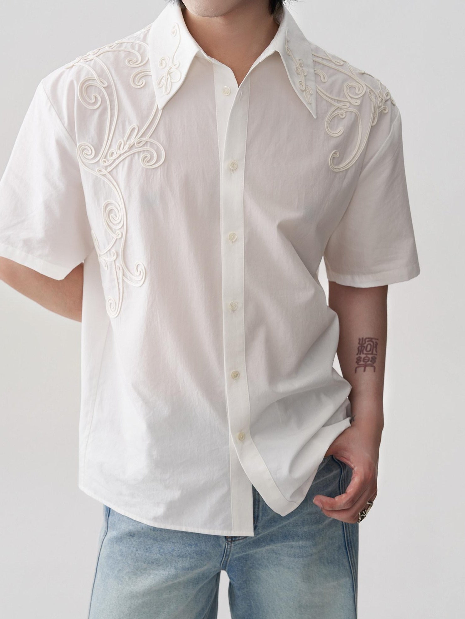 BALITONE Breathable Cotton Embroidered French Loose Men Moon White Short Sleeve Shirts