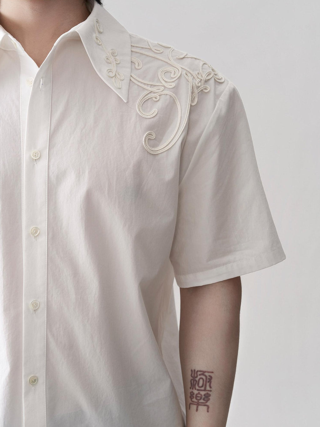 BALITONE Breathable Cotton Embroidered French Loose Men Moon White Short Sleeve Shirts