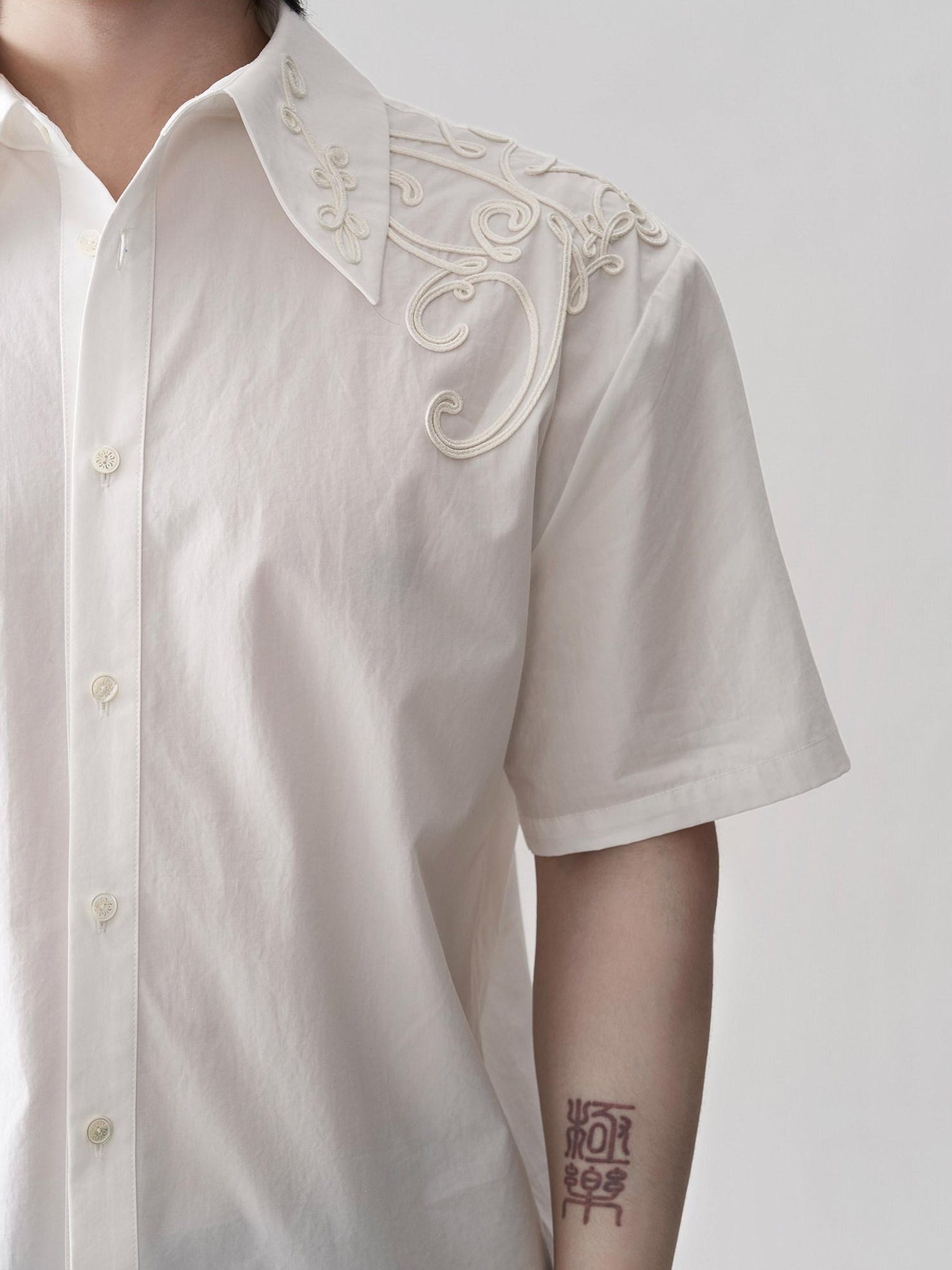 BALITONE Breathable Cotton Embroidered French Loose Men Moon White Short Sleeve Shirts