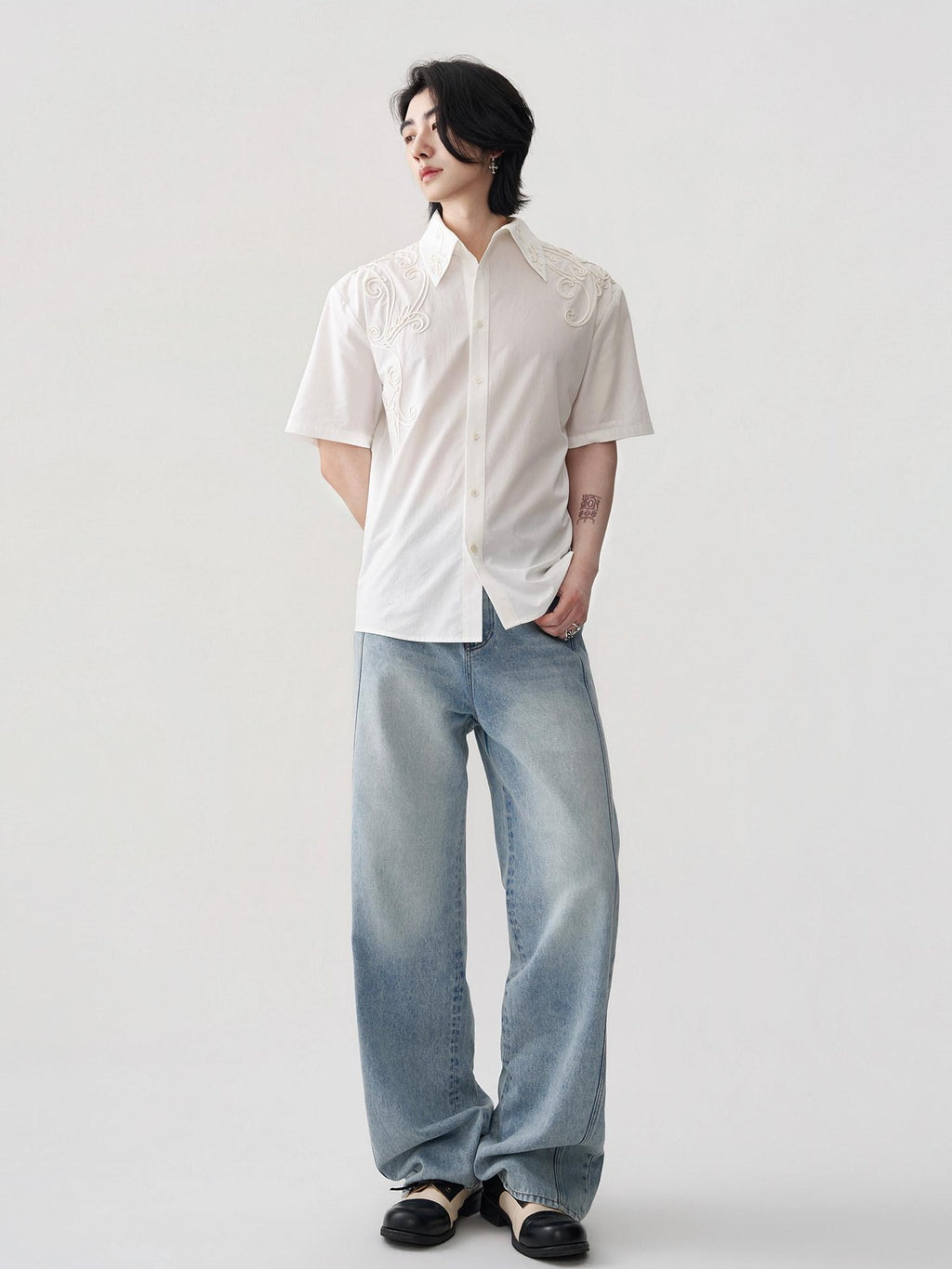 BALITONE Breathable Cotton Embroidered French Loose Men Moon White Short Sleeve Shirts