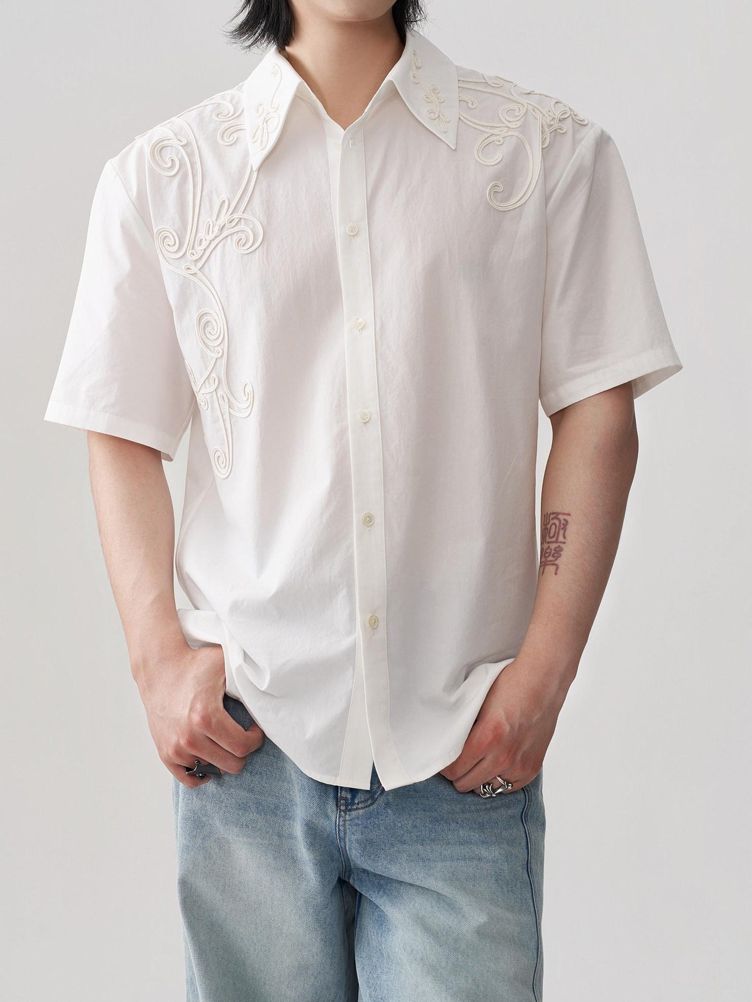 BALITONE Breathable Cotton Embroidered French Loose Men Moon White Short Sleeve Shirts
