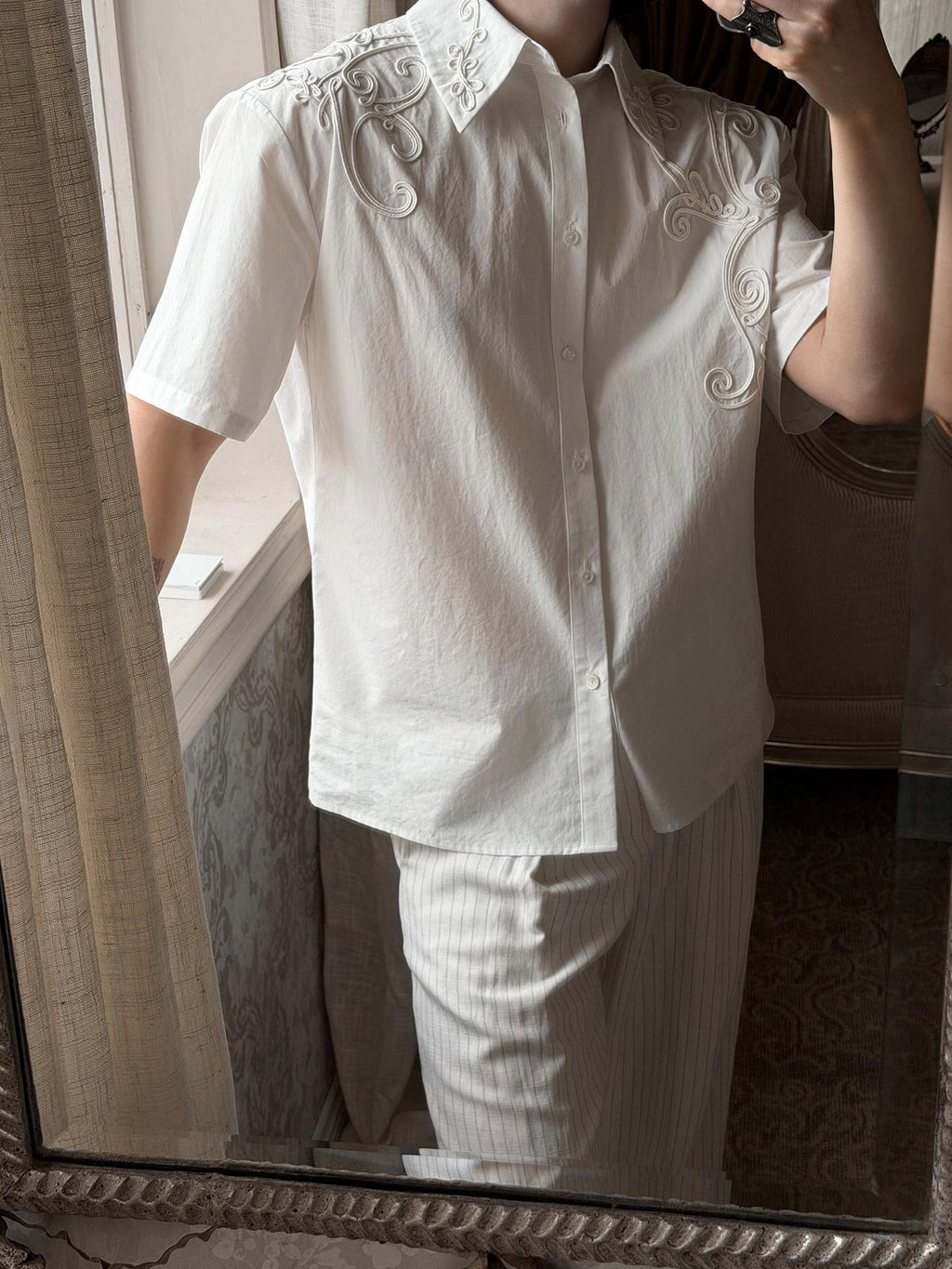 BALITONE Breathable Cotton Embroidered French Loose Men Moon White Short Sleeve Shirts