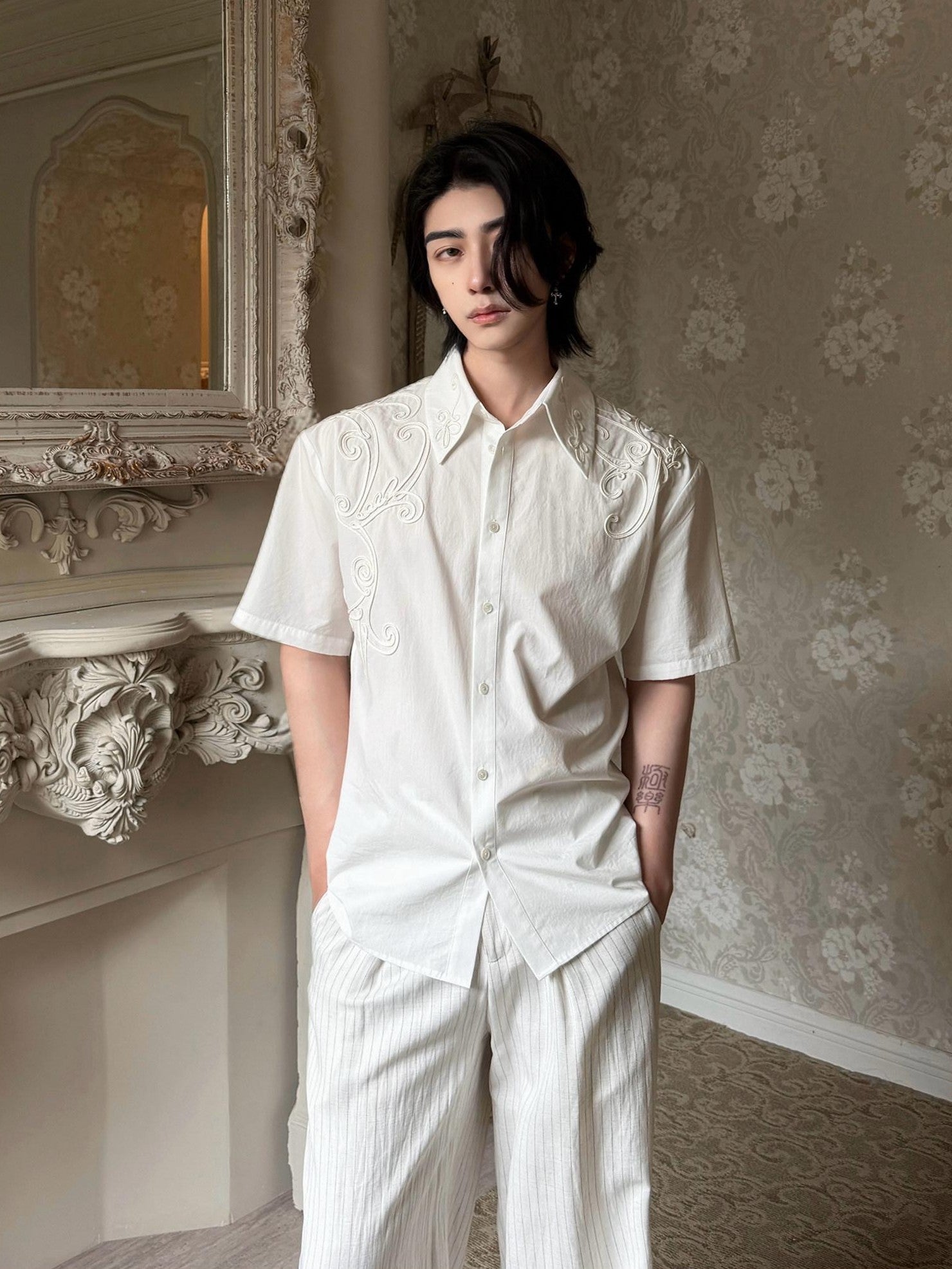 BALITONE Breathable Cotton Embroidered French Loose Men Moon White Short Sleeve Shirts
