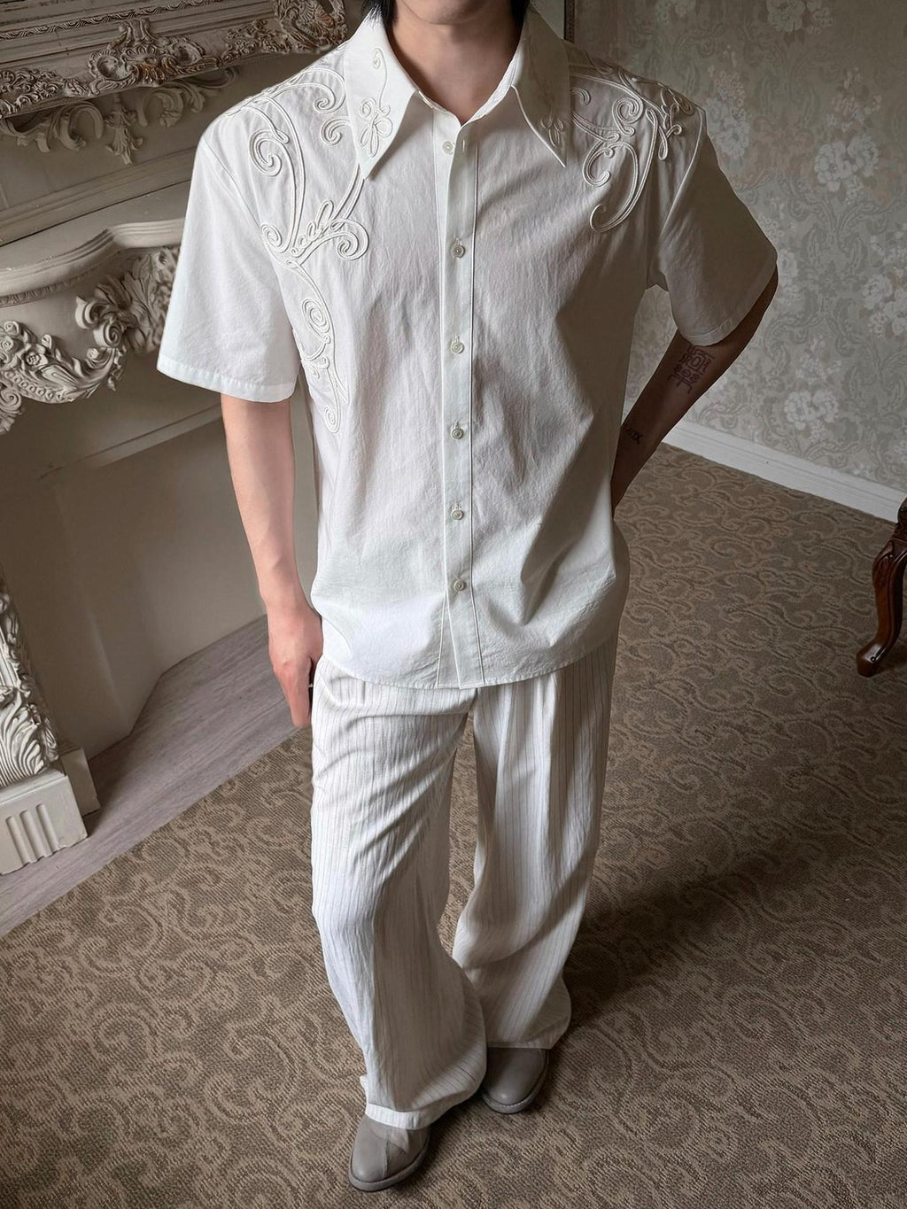 BALITONE Breathable Cotton Embroidered French Loose Men Moon White Short Sleeve Shirts