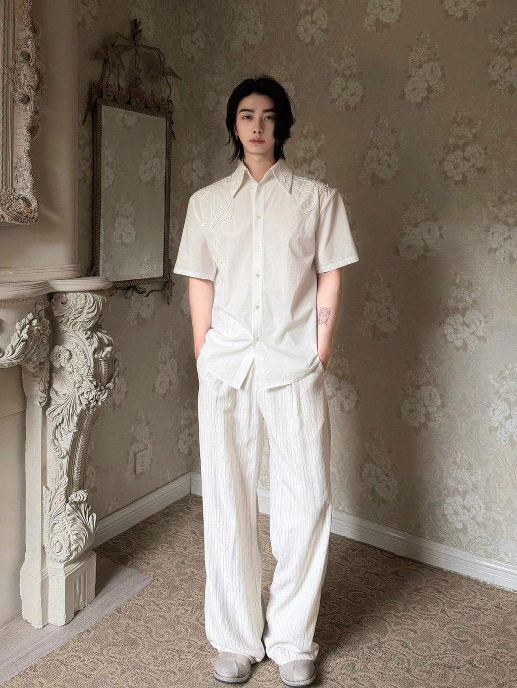 BALITONE Breathable Cotton Embroidered French Loose Men Moon White Short Sleeve Shirts