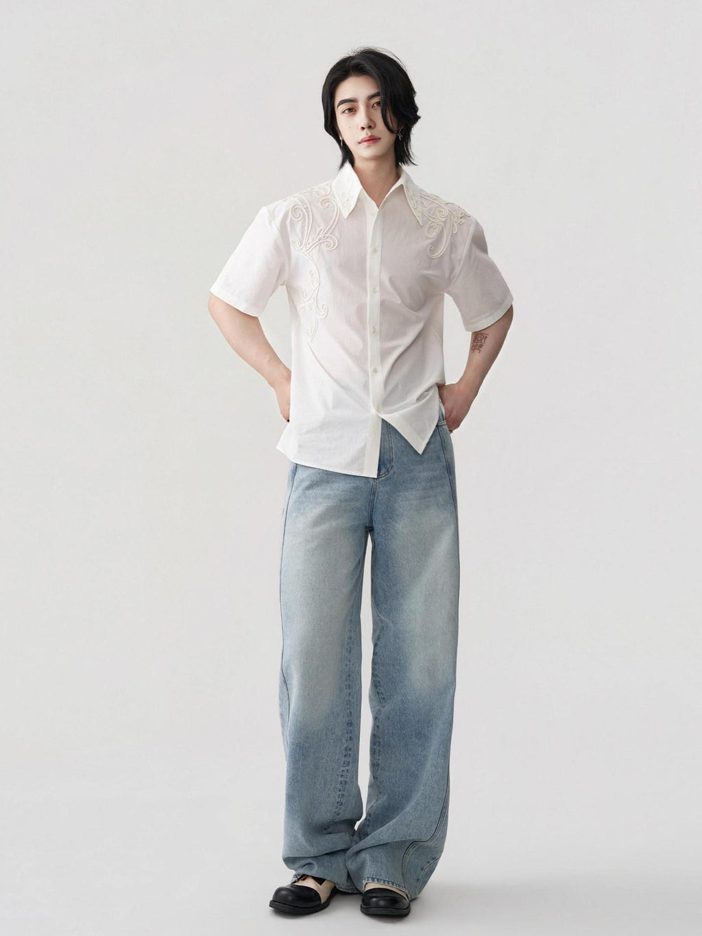 BALITONE Breathable Cotton Embroidered French Loose Men Moon White Short Sleeve Shirts