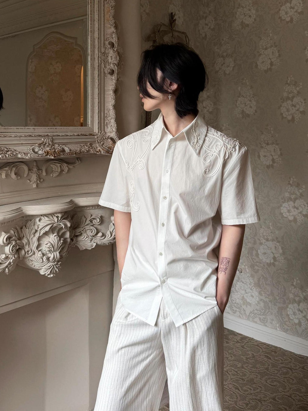 BALITONE Breathable Cotton Embroidered French Loose Men Moon White Short Sleeve Shirts