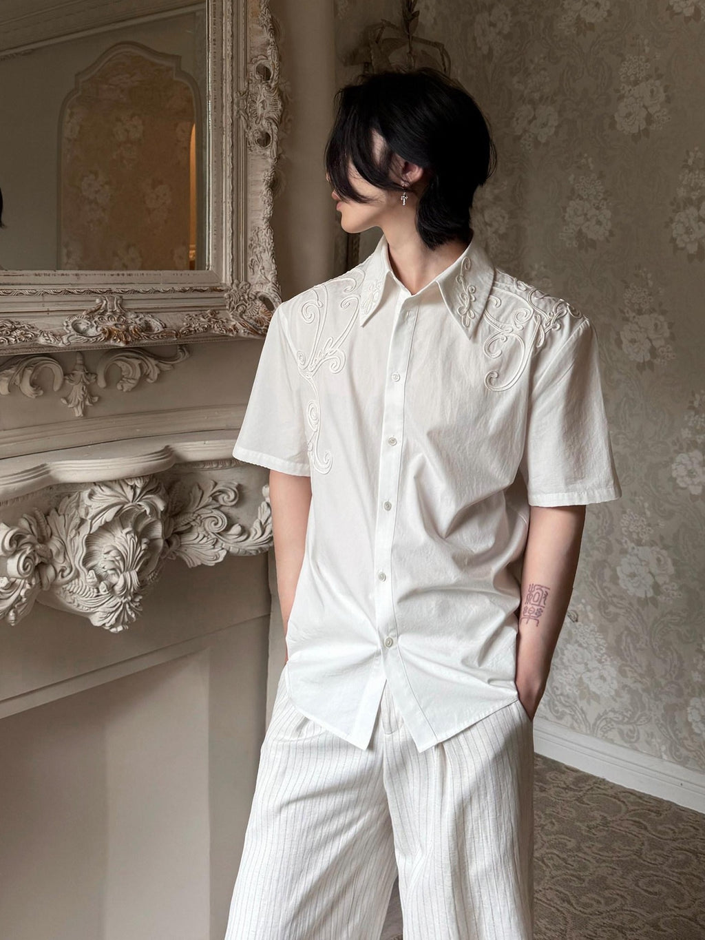 BALITONE Breathable Cotton Embroidered French Loose Men Moon White Short Sleeve Shirts