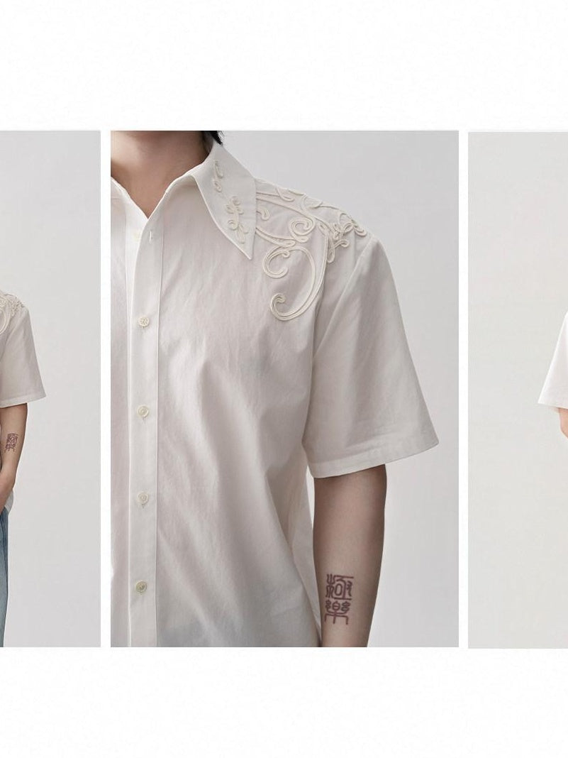 BALITONE Breathable Cotton Embroidered French Loose Men Moon White Short Sleeve Shirts