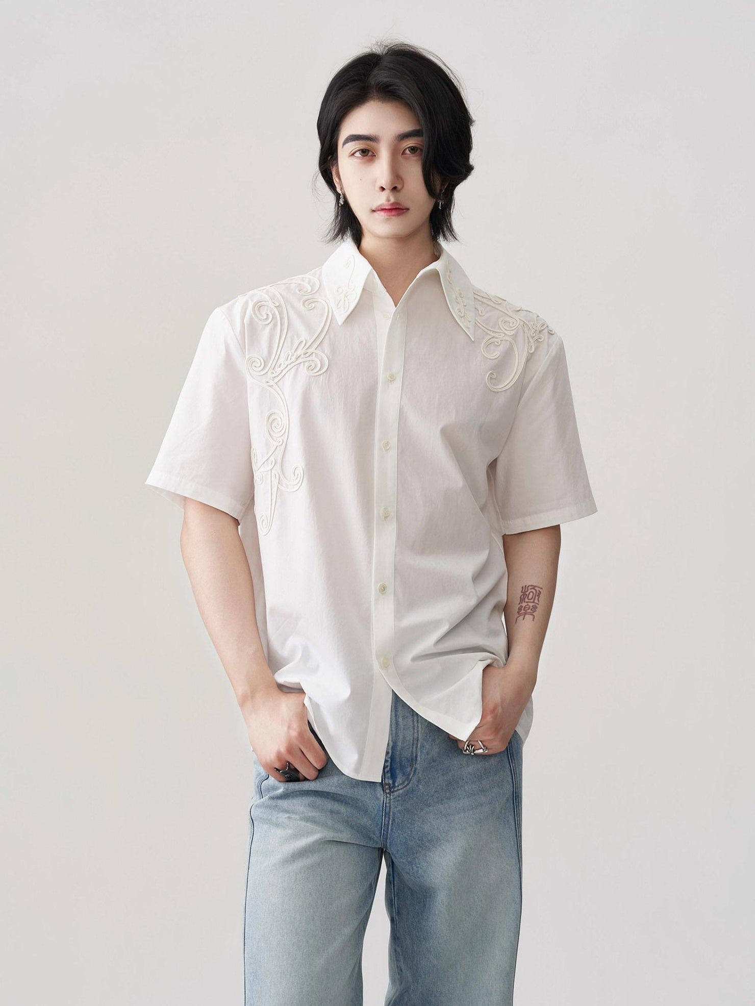 BALITONE Breathable Cotton Embroidered French Loose Men Moon White Short Sleeve Shirts