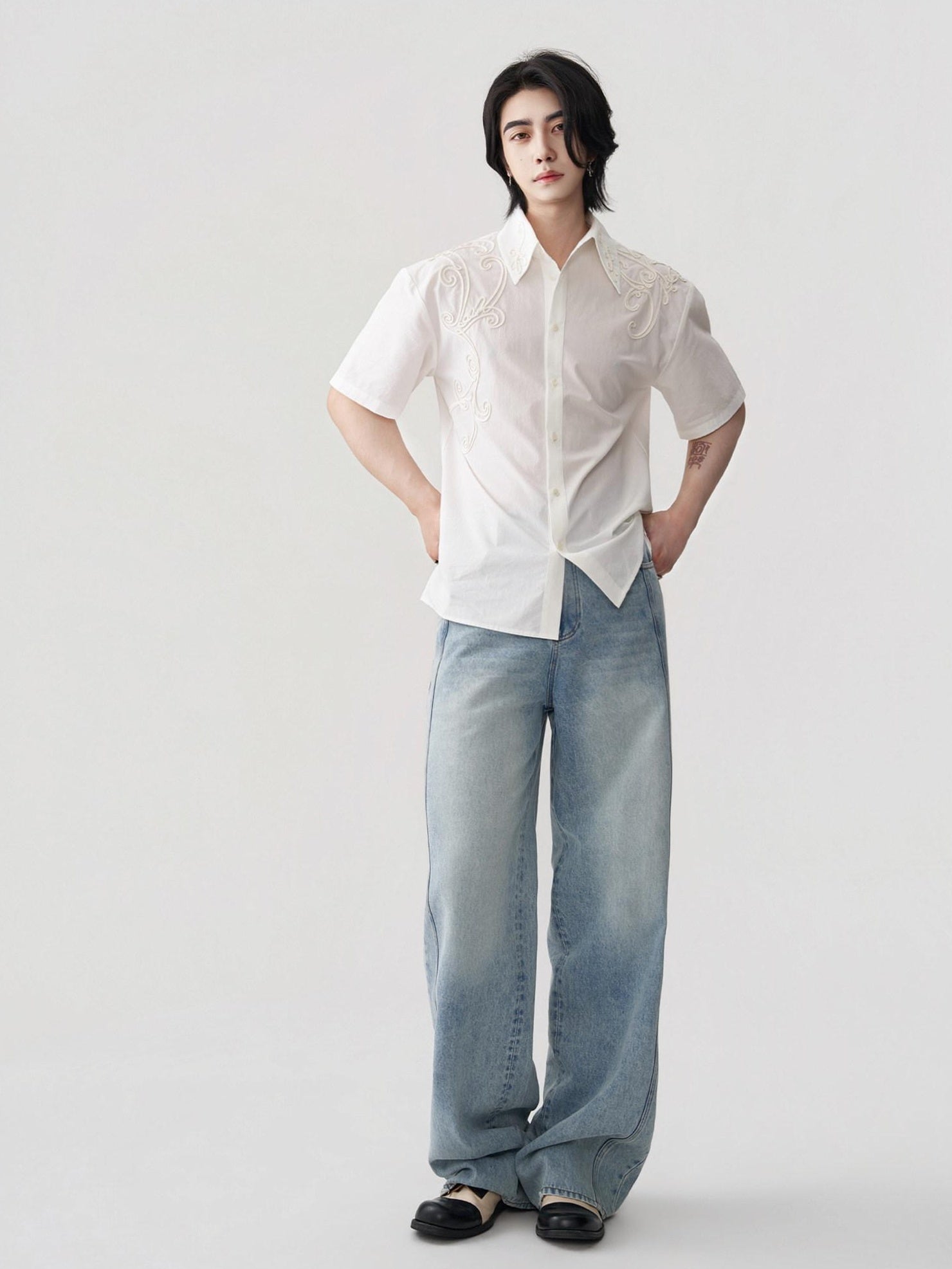 BALITONE Breathable Cotton Embroidered French Loose Men Moon White Short Sleeve Shirts