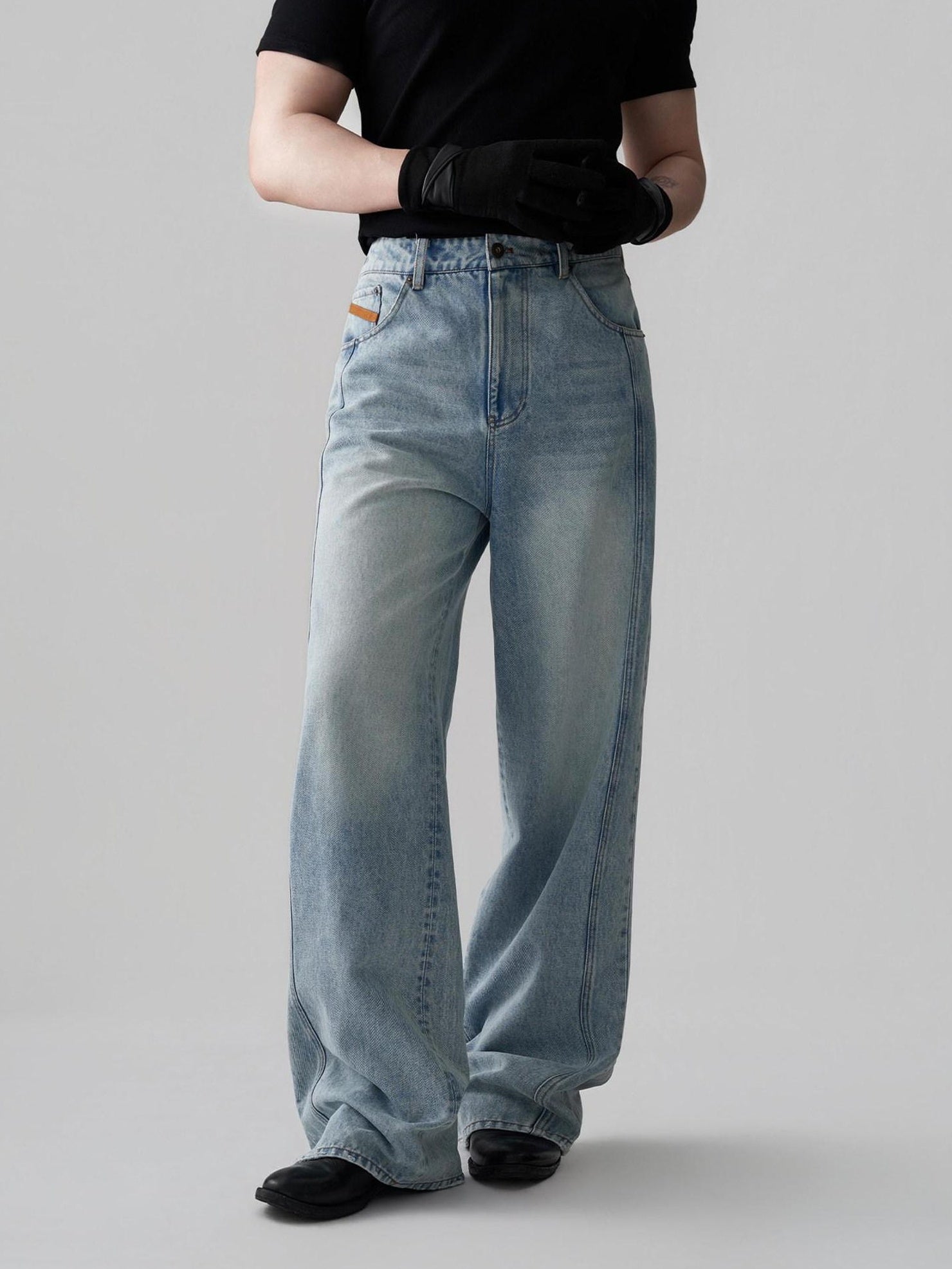 BALITONE Breathable Cotton Lyocell Mid Rise Washed Light Blue Loose Men Wide-Leg Jeans