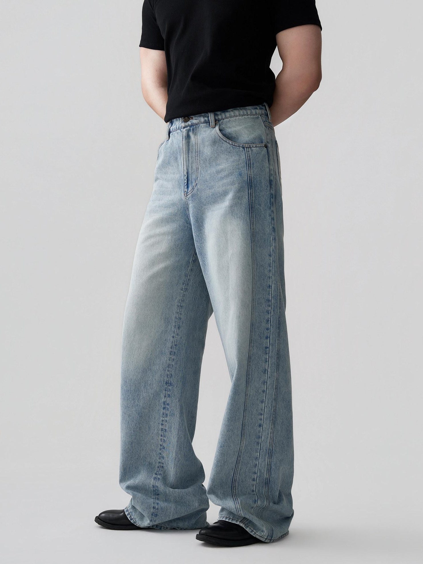 BALITONE Breathable Cotton Lyocell Mid Rise Washed Light Blue Loose Men Wide-Leg Jeans