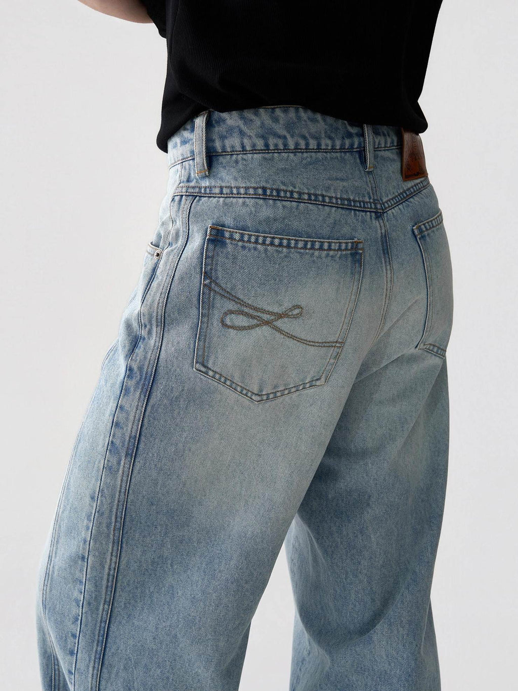 BALITONE Breathable Cotton Lyocell Mid Rise Washed Light Blue Loose Men Wide-Leg Jeans