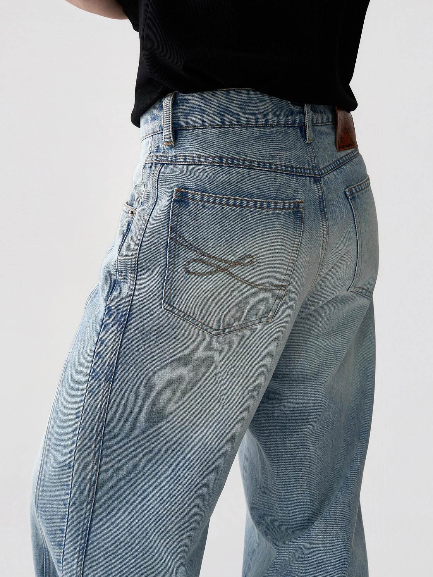 BALITONE Breathable Cotton Lyocell Mid Rise Washed Light Blue Loose Men Wide-Leg Jeans