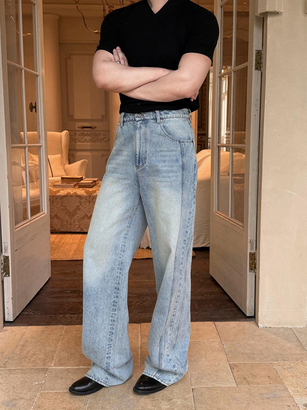 BALITONE Breathable Cotton Lyocell Mid Rise Washed Light Blue Loose Men Wide-Leg Jeans